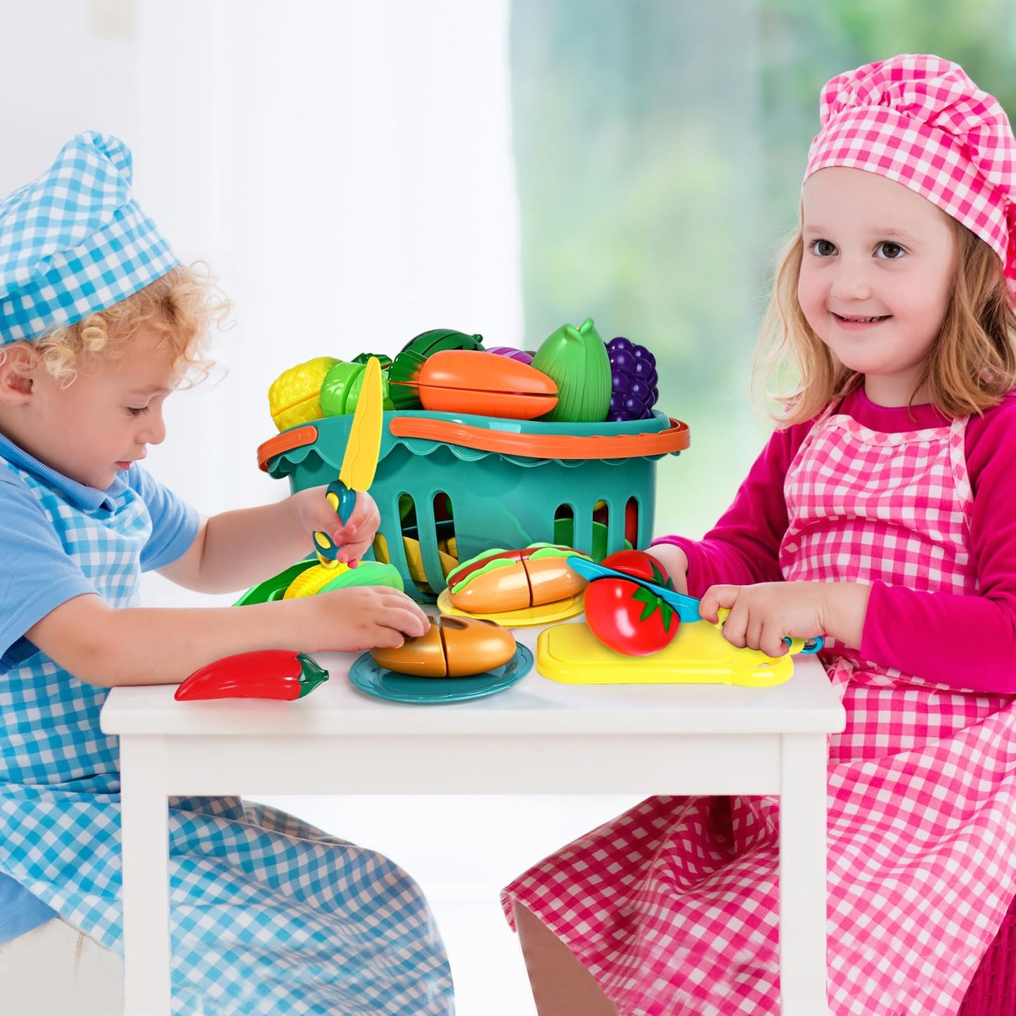 Shemira 100-Piece Cutting Play Food Set for Kids – Pretend Kitchen Toys with 2 Baskets