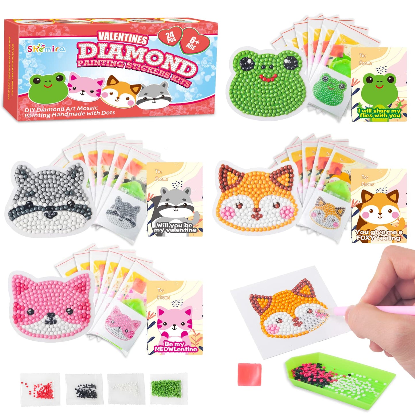 Shemira 24 Pack Valentine’s Cards with 5D Diamond Art Kit for Kids | Classroom Gift & Craft Activity