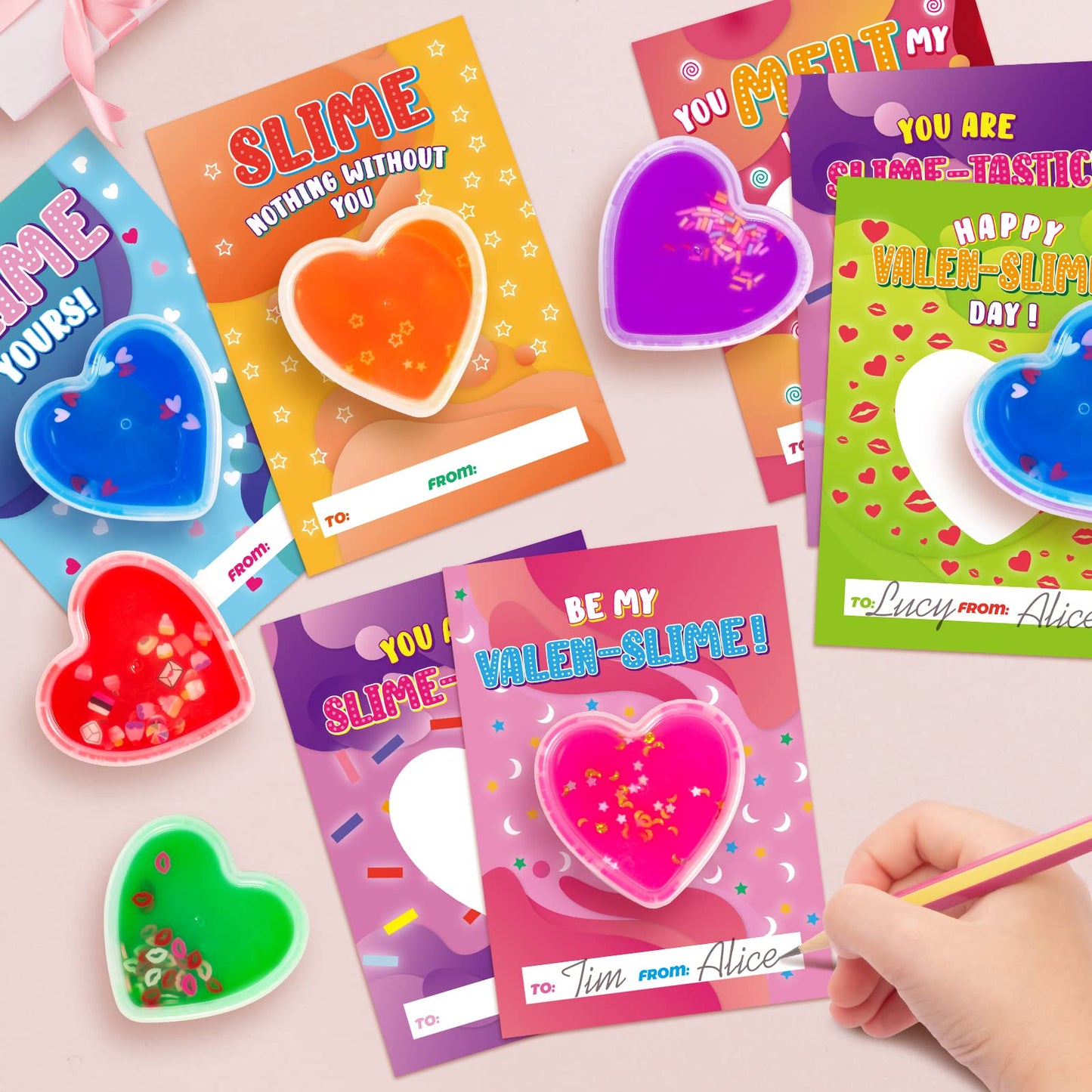 Shemira 30-Pack Valentines Day Cards with Heart Slime – Classroom Gift Favors