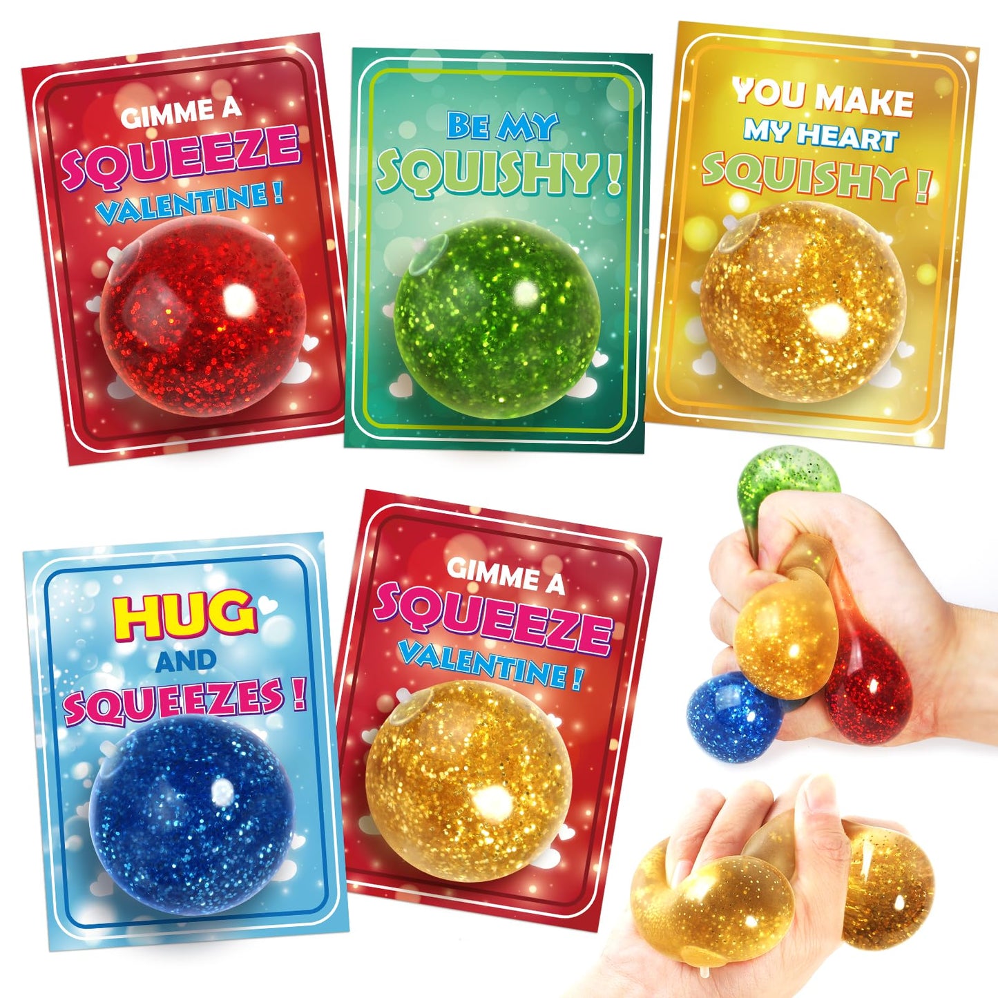 Shemira 24-Pack Valentine Cards with Stretchy Glitter Balls for Classroom Gift Exchange