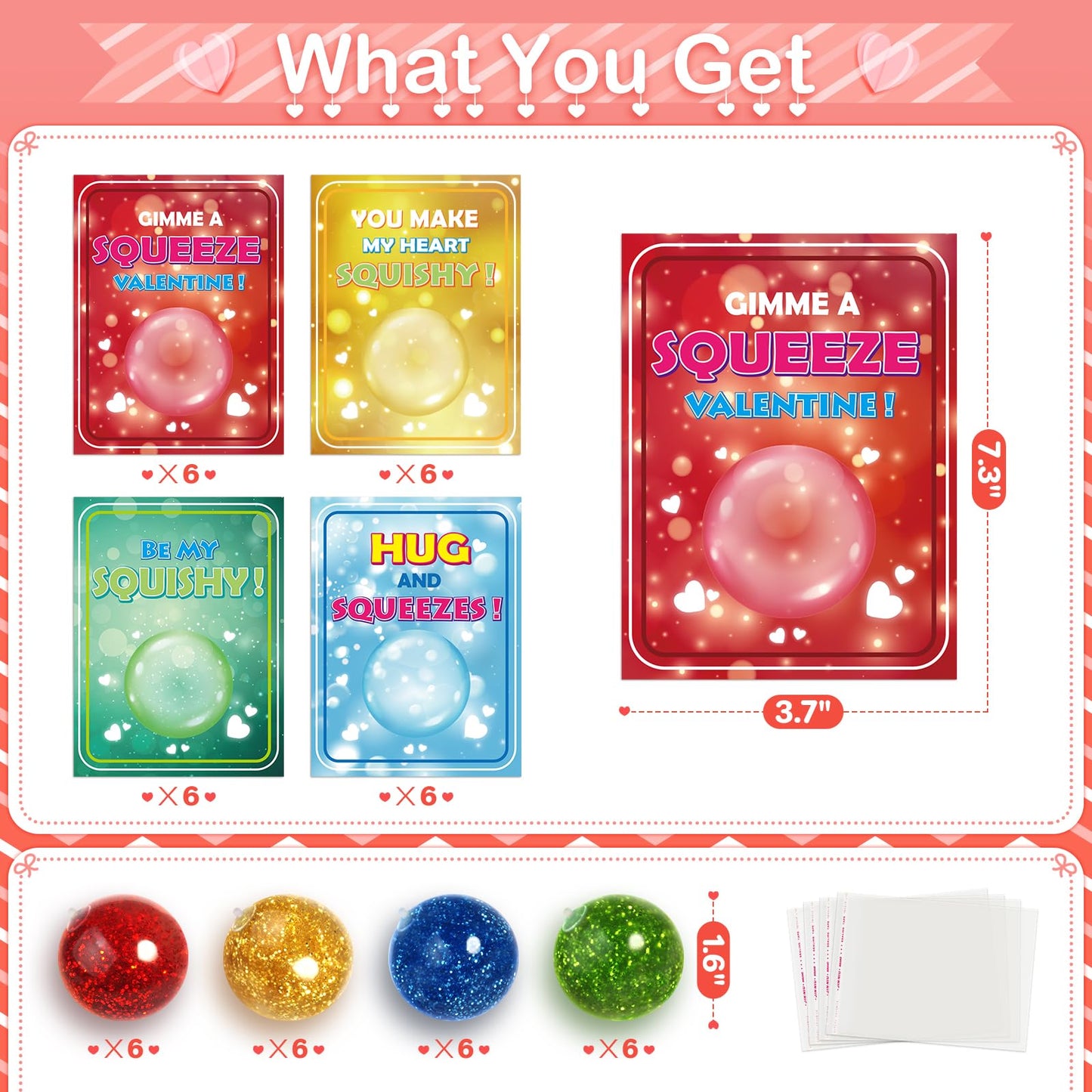 Shemira 24-Pack Valentine Cards with Stretchy Glitter Balls for Classroom Gift Exchange