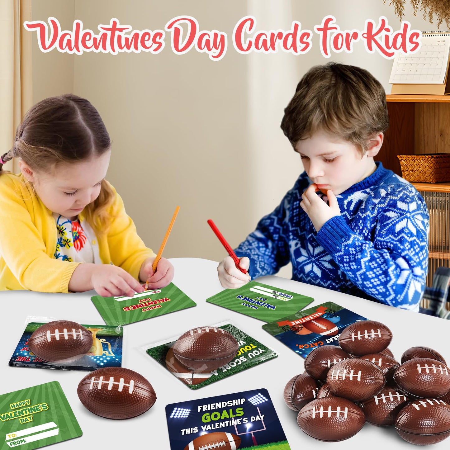 Shemira 24-Pack Valentine Cards with Squeeze Footballs for Kids – Classroom Gift Exchange Kit