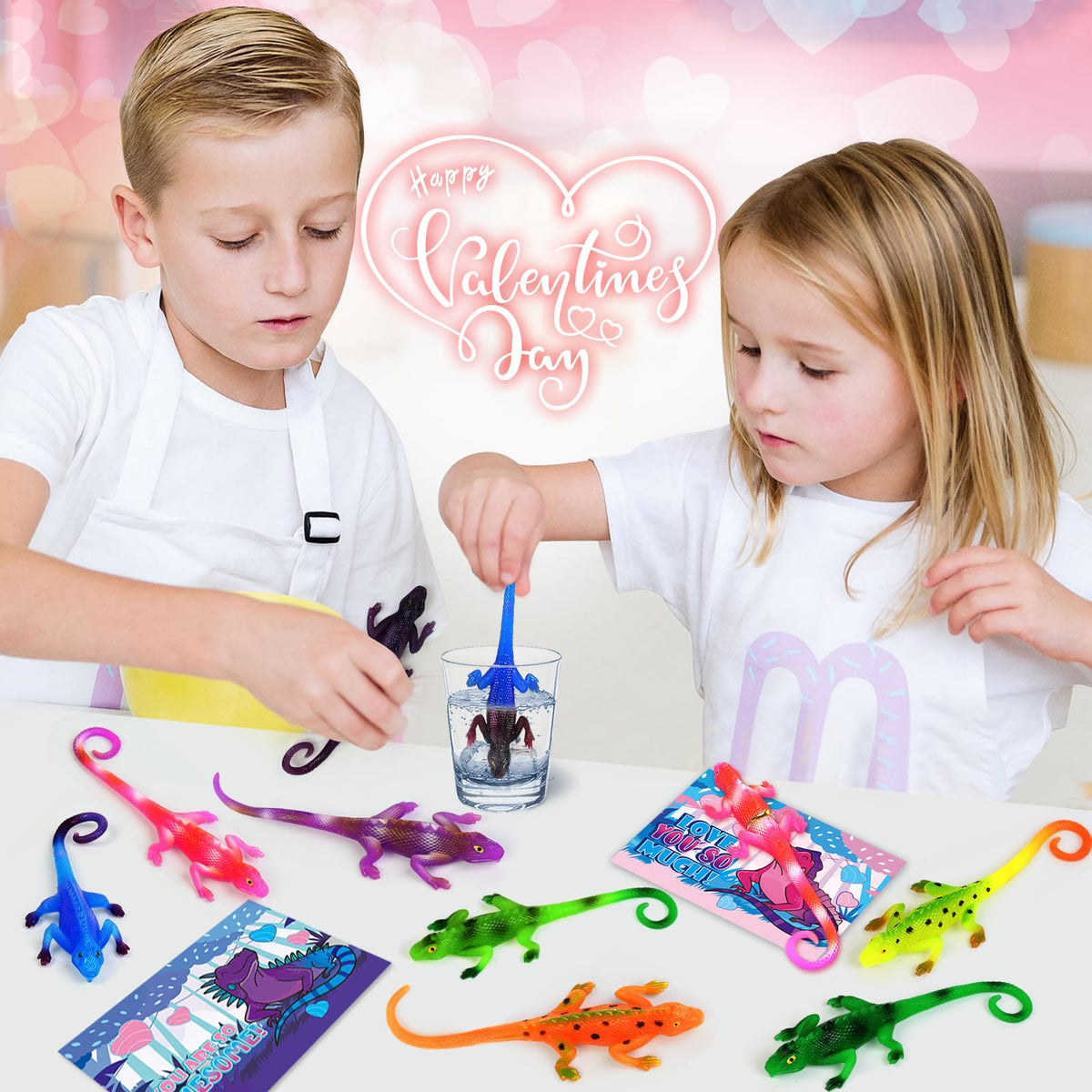 Shemira 24-Pack Valentines Cards with Color-Changing Lizard Toys – Classroom Gift Set