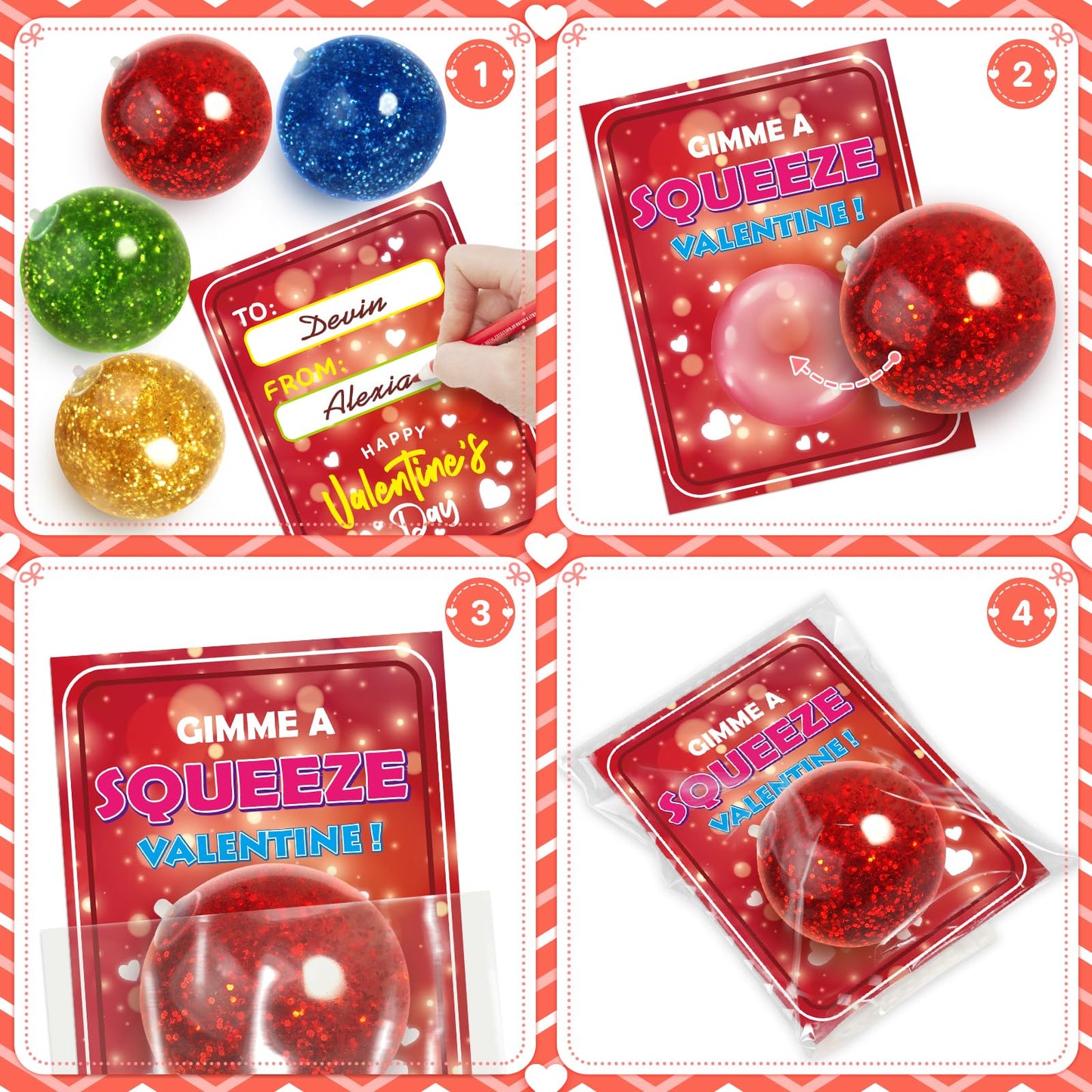 Shemira 24-Pack Valentine Cards with Stretchy Glitter Balls for Classroom Gift Exchange