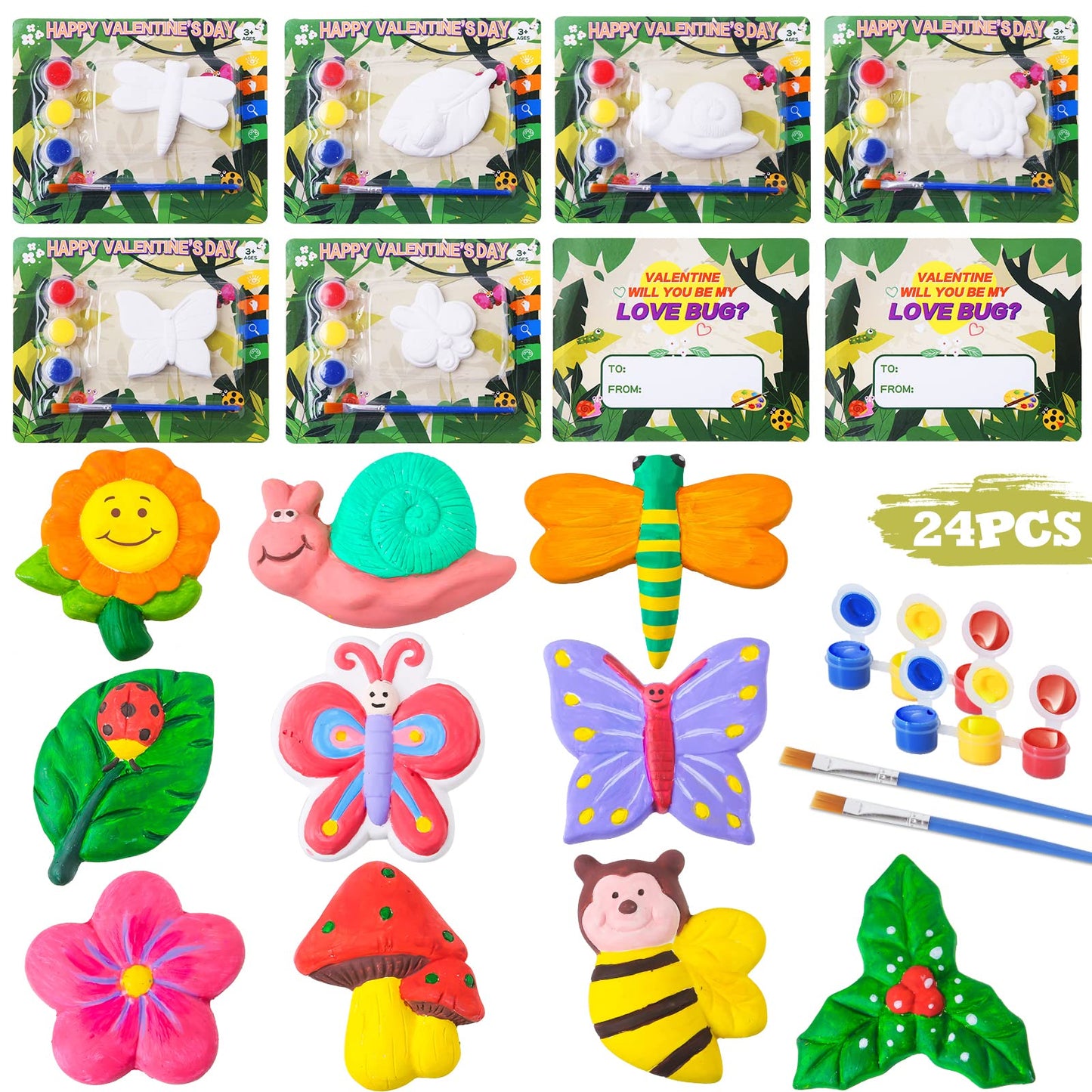 Shemira Valentine’s Day Cards for Kids – 24-Pack Plaster Painting Kit with Love Bug Cards (Classroom Gift Exchange)