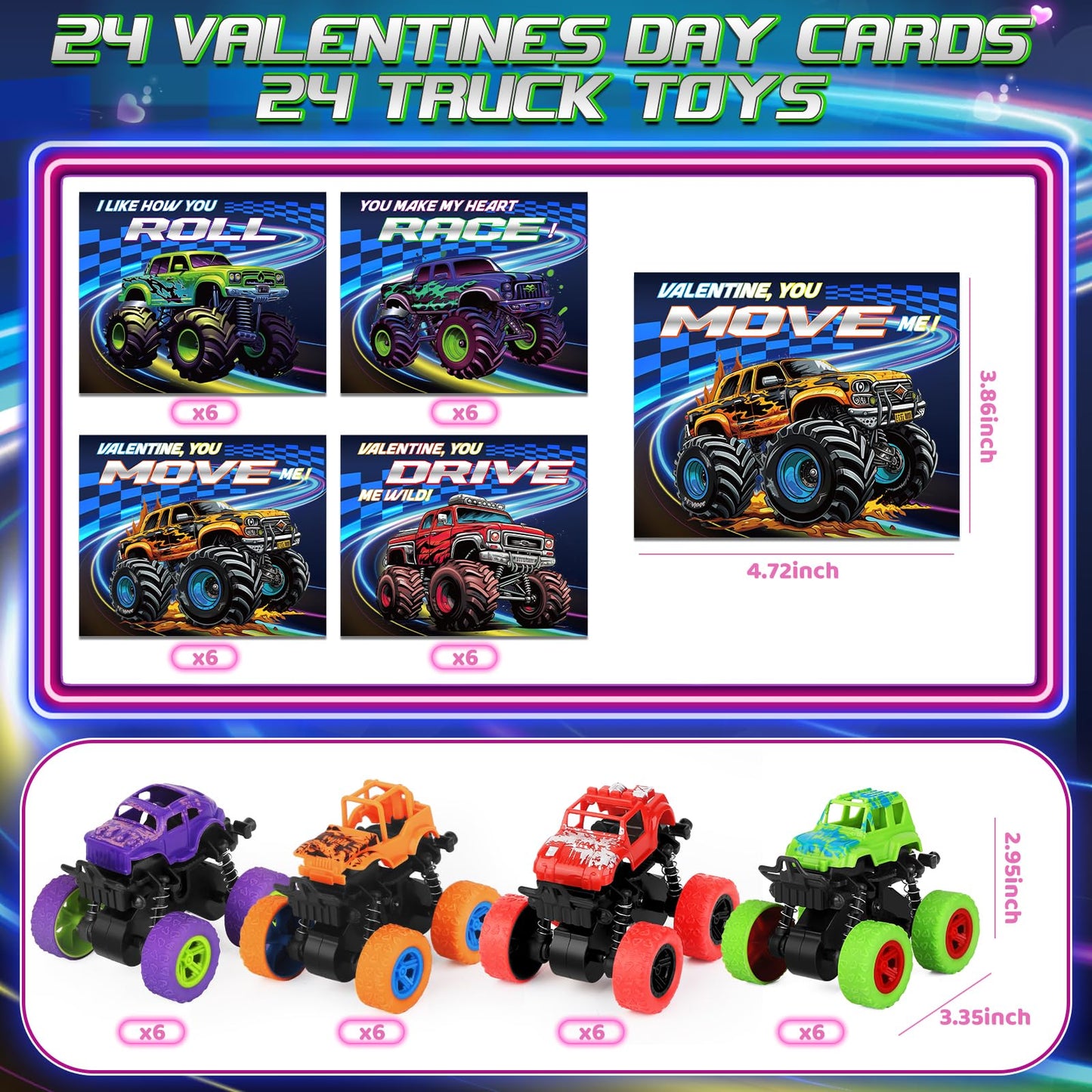 Shemira 24-Pack Valentines Day Cards with Monster Truck Toys – Classroom Gifts & Party Favors