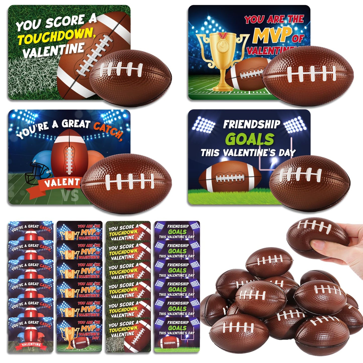 Shemira 24-Pack Valentine Cards with Squeeze Footballs for Kids – Classroom Gift Exchange Kit