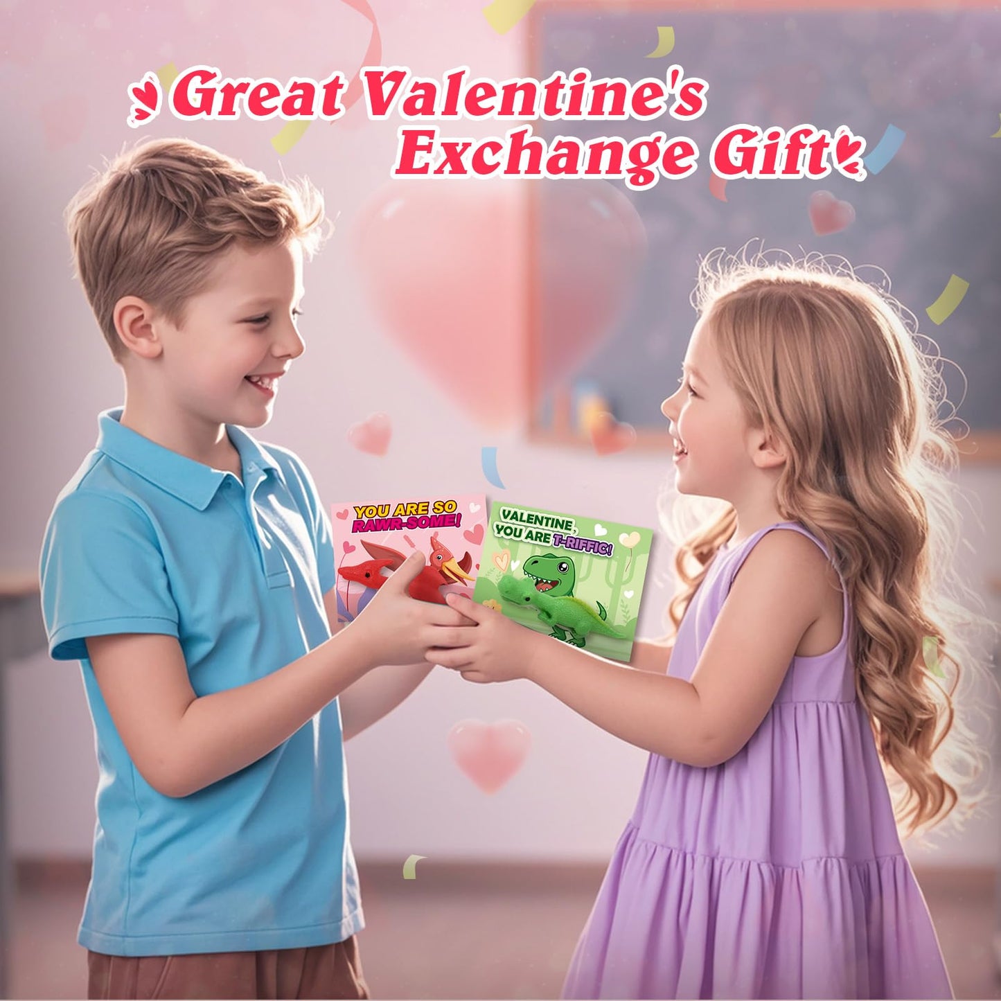 Shemira Valentines Day Cards for Kids – 32 Slingshot Dinosaur Finger Toys & Classroom Valentines