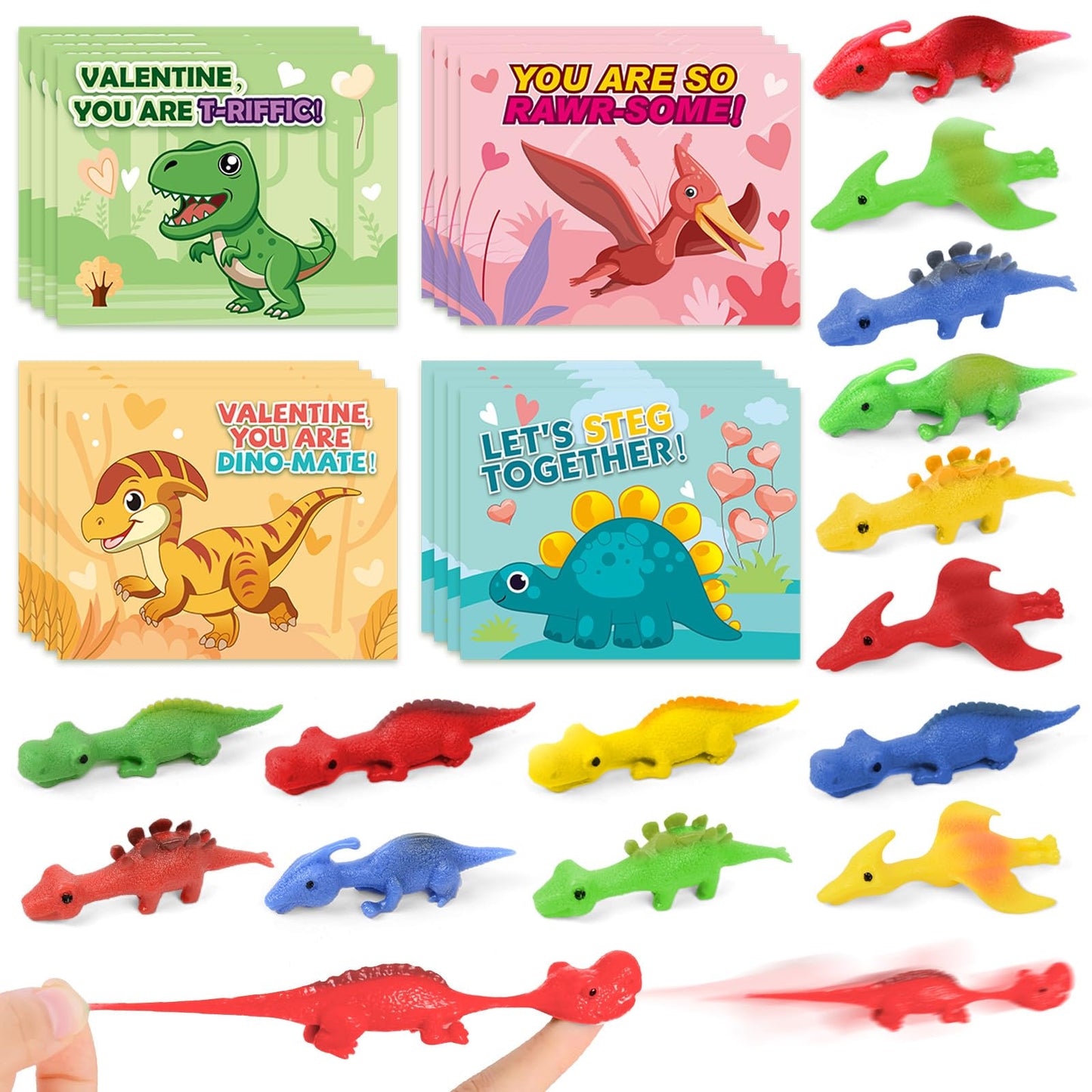 Shemira Valentines Day Cards for Kids – 32 Slingshot Dinosaur Finger Toys & Classroom Valentines