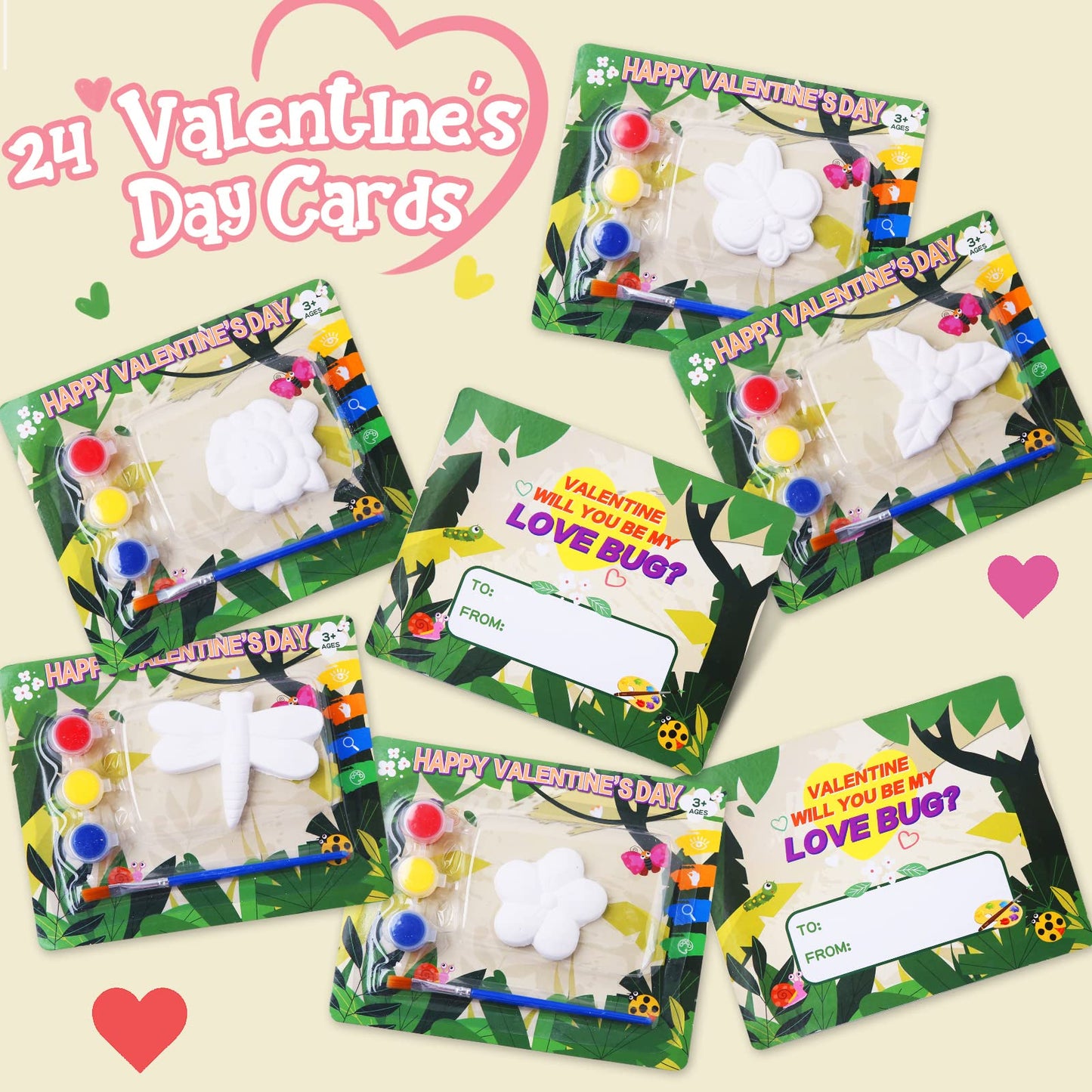 Shemira Valentine’s Day Cards for Kids – 24-Pack Plaster Painting Kit with Love Bug Cards (Classroom Gift Exchange)