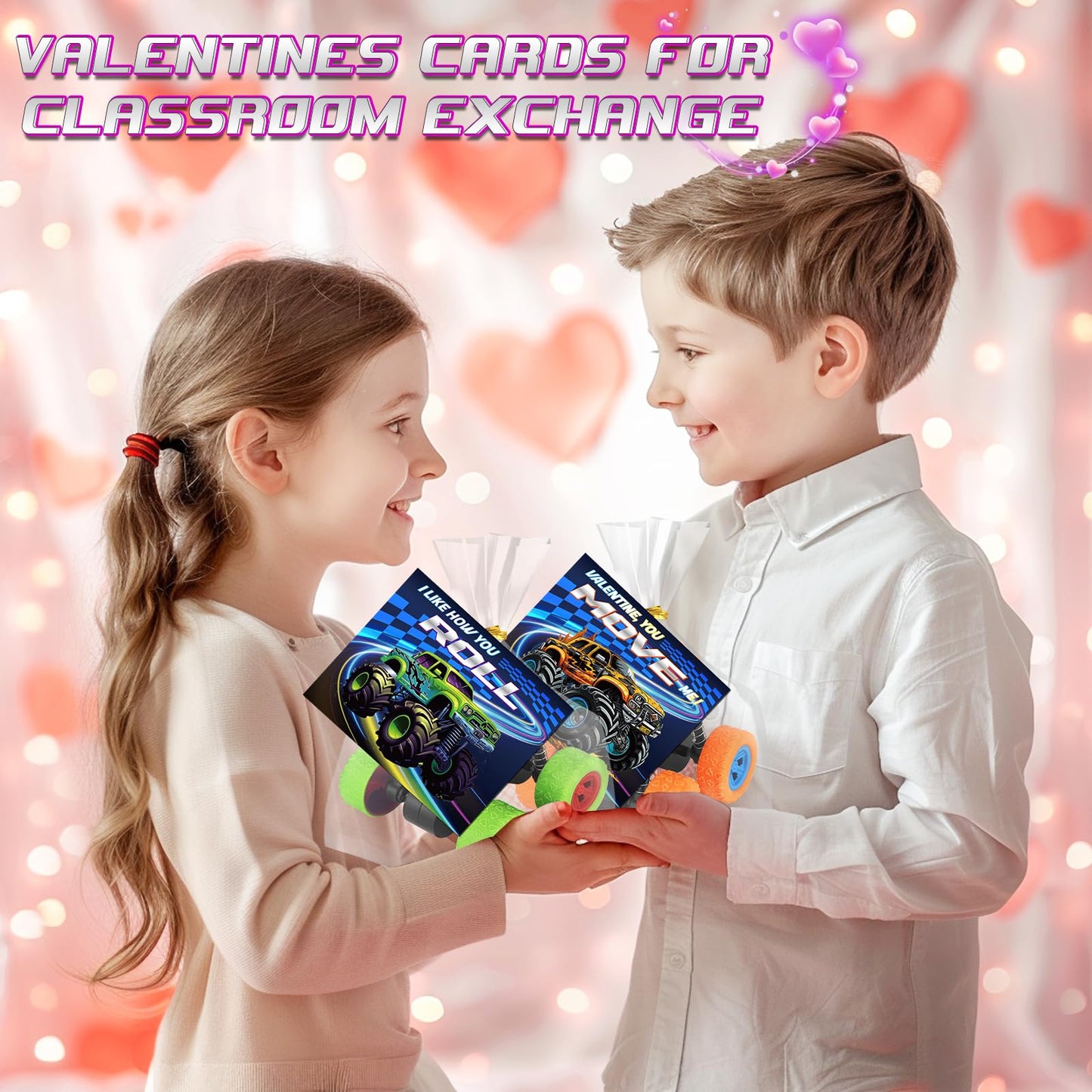 Shemira 24-Pack Valentines Day Cards with Monster Truck Toys – Classroom Gifts & Party Favors