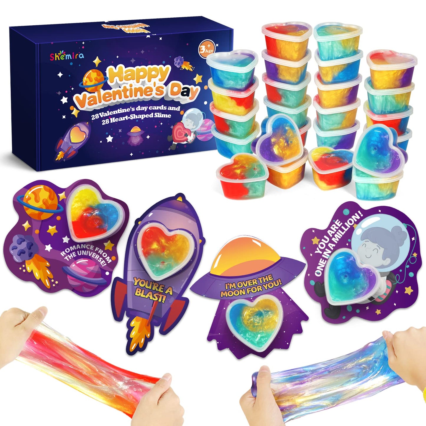 Shemira Valentines Day Cards for Kids – 28 Heart Galaxy Slime Cards & Gifts Pack