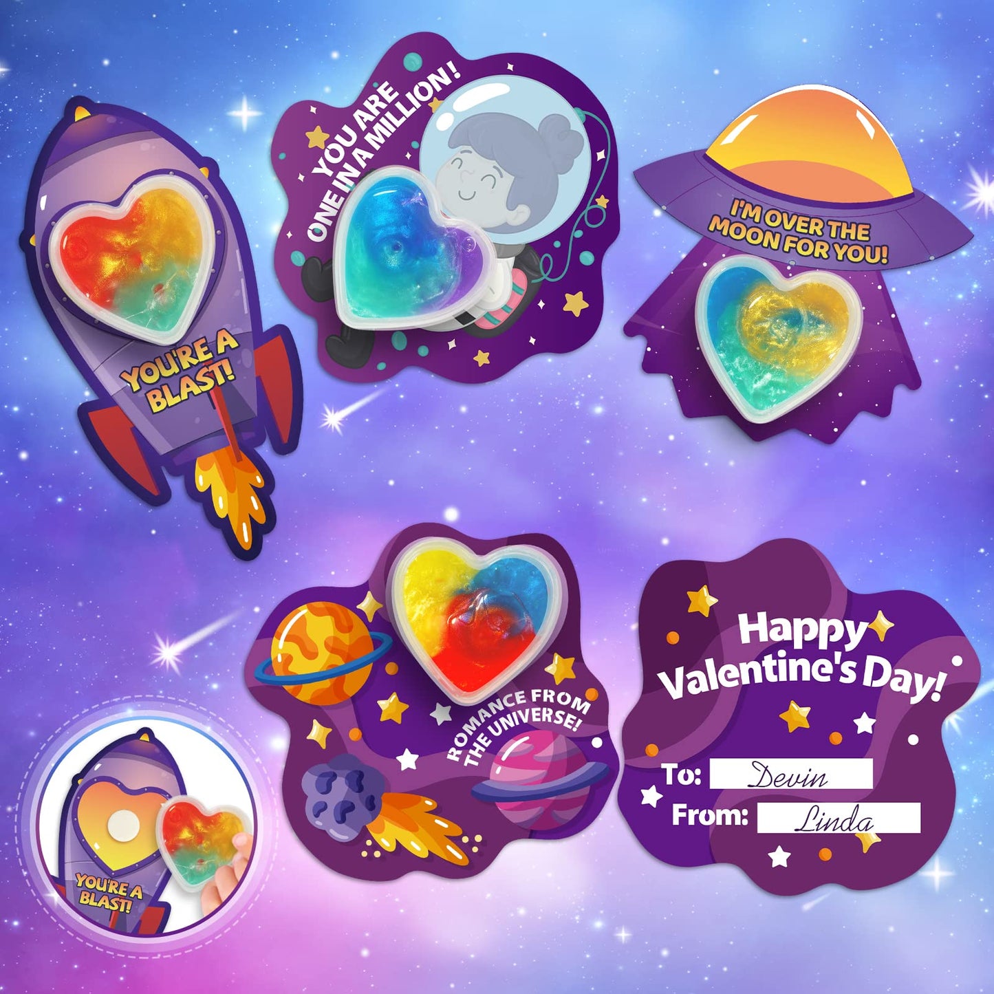 Shemira Valentines Day Cards for Kids – 28 Heart Galaxy Slime Cards & Gifts Pack