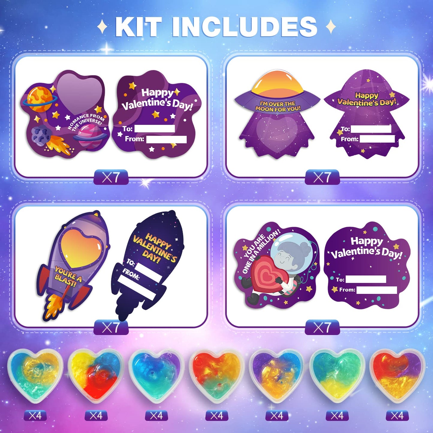 Shemira Valentines Day Cards for Kids – 28 Heart Galaxy Slime Cards & Gifts Pack