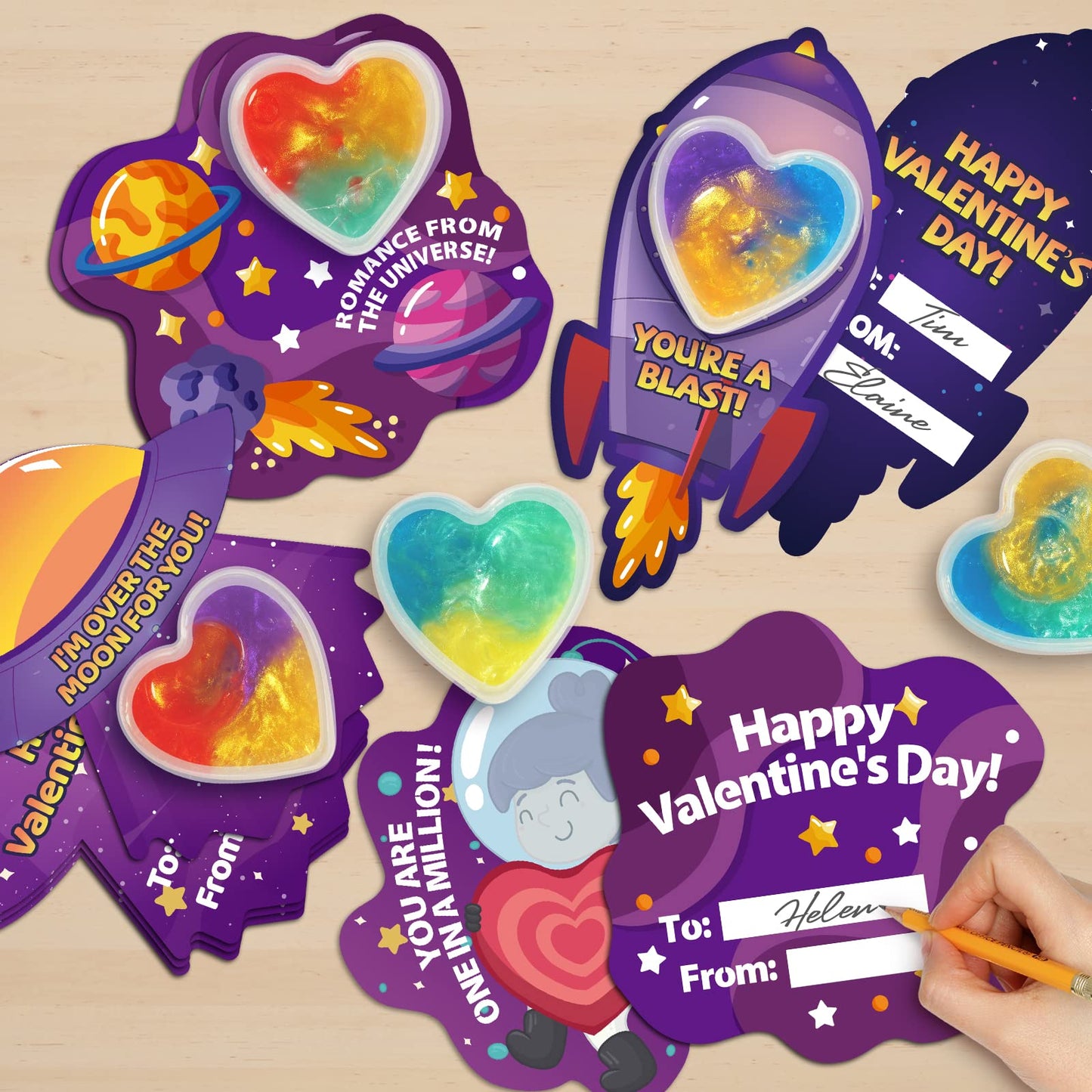Shemira Valentines Day Cards for Kids – 28 Heart Galaxy Slime Cards & Gifts Pack