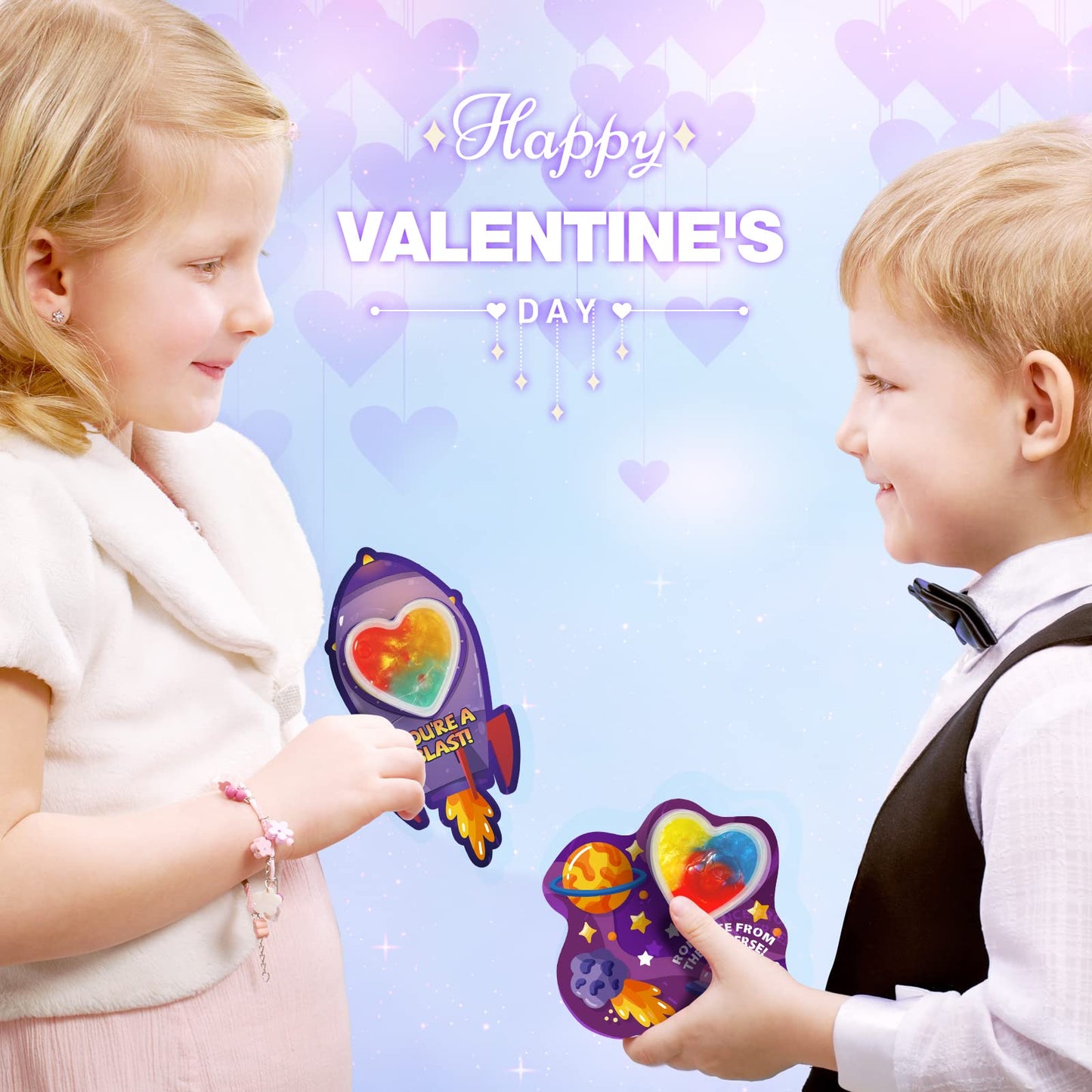 Shemira Valentines Day Cards for Kids – 28 Heart Galaxy Slime Cards & Gifts Pack