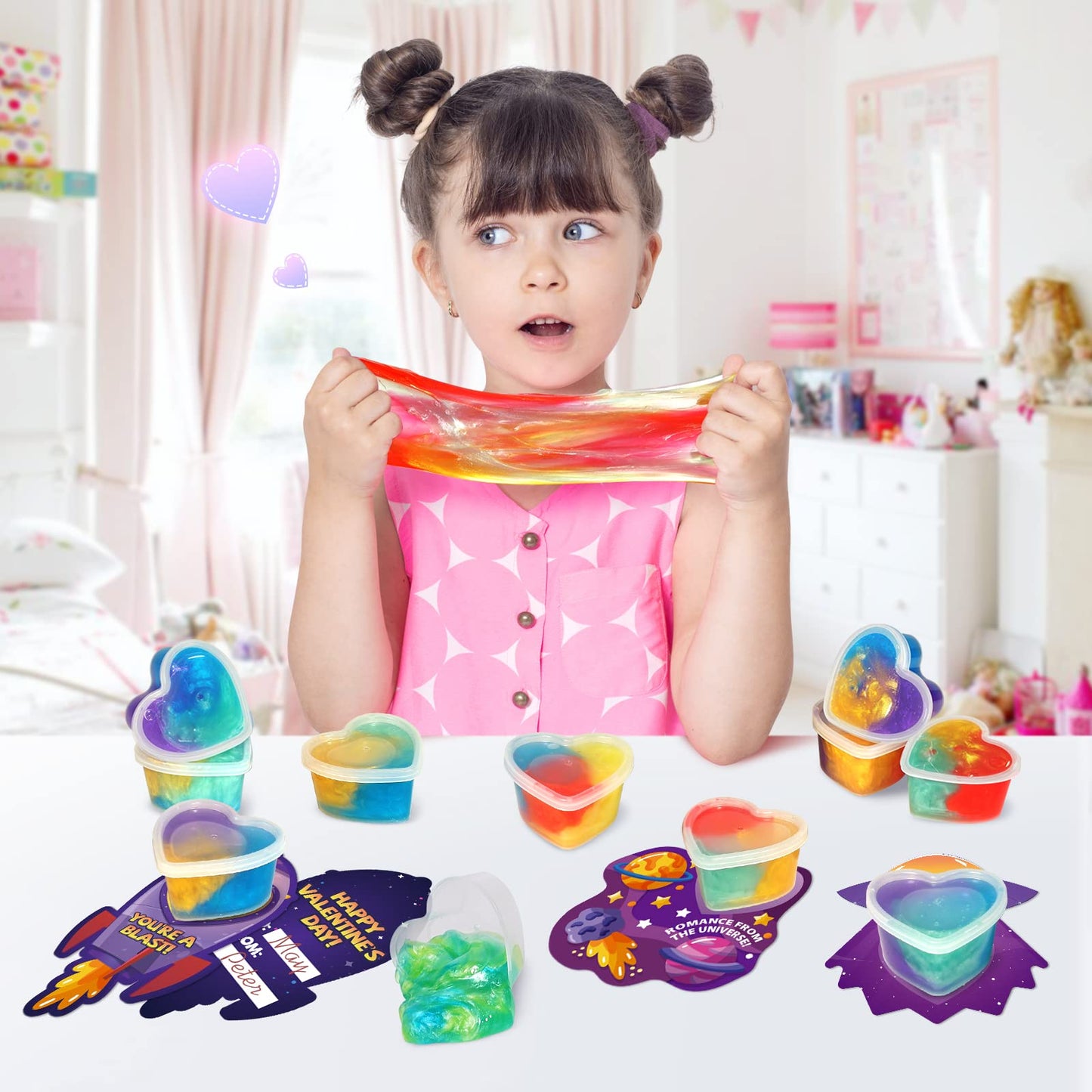 Shemira Valentines Day Cards for Kids – 28 Heart Galaxy Slime Cards & Gifts Pack