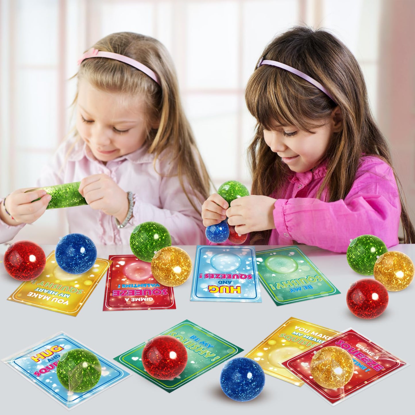Shemira 24-Pack Valentine Cards with Stretchy Glitter Balls for Classroom Gift Exchange