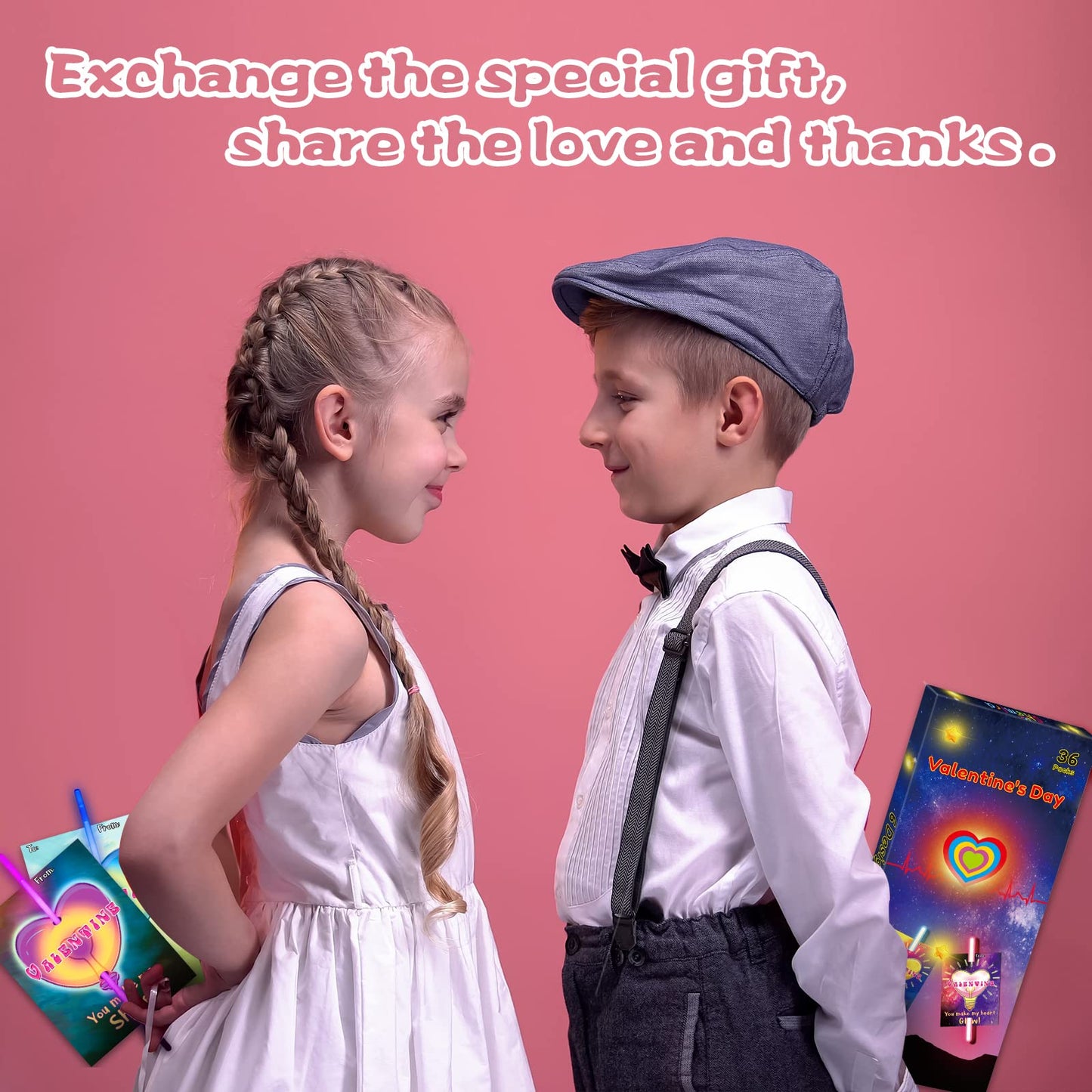 Shemira 36-Pack Valentines Day Cards with Glow Sticks for Kids | Classroom Gift Exchange