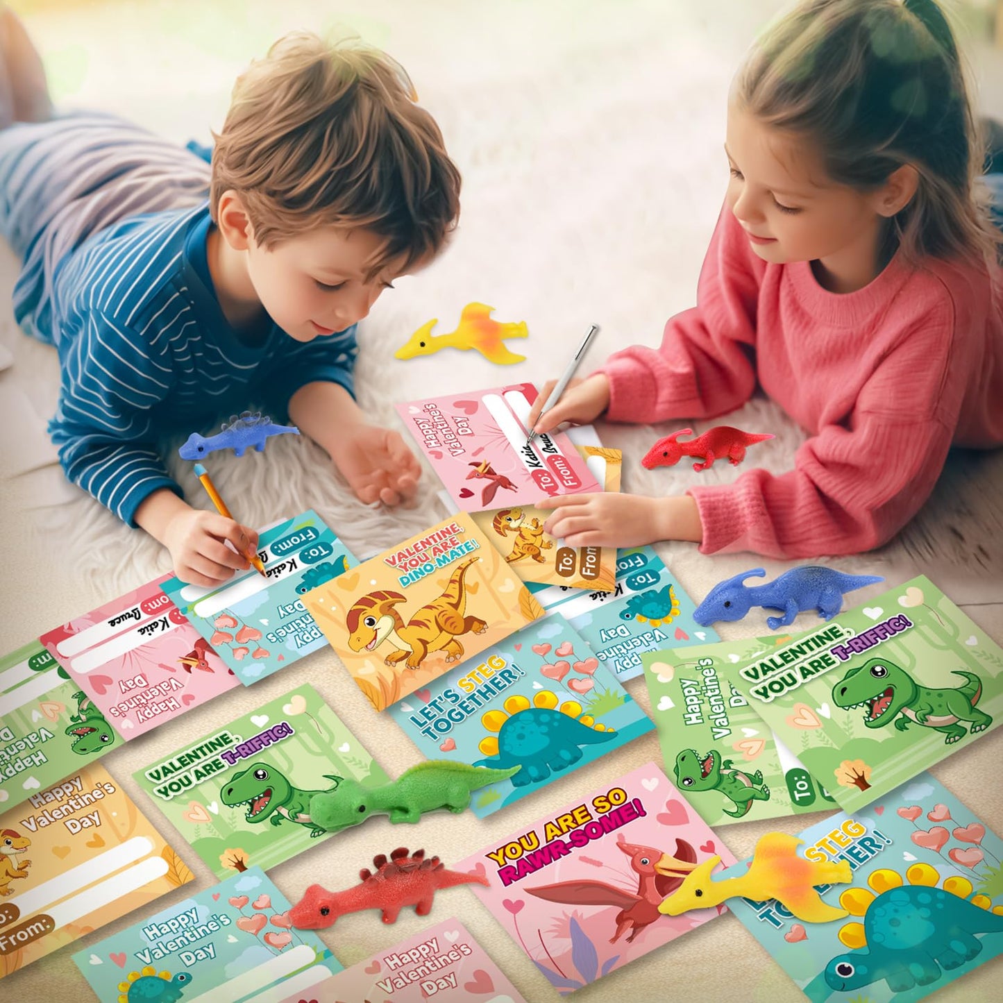 Shemira Valentines Day Cards for Kids – 32 Slingshot Dinosaur Finger Toys & Classroom Valentines