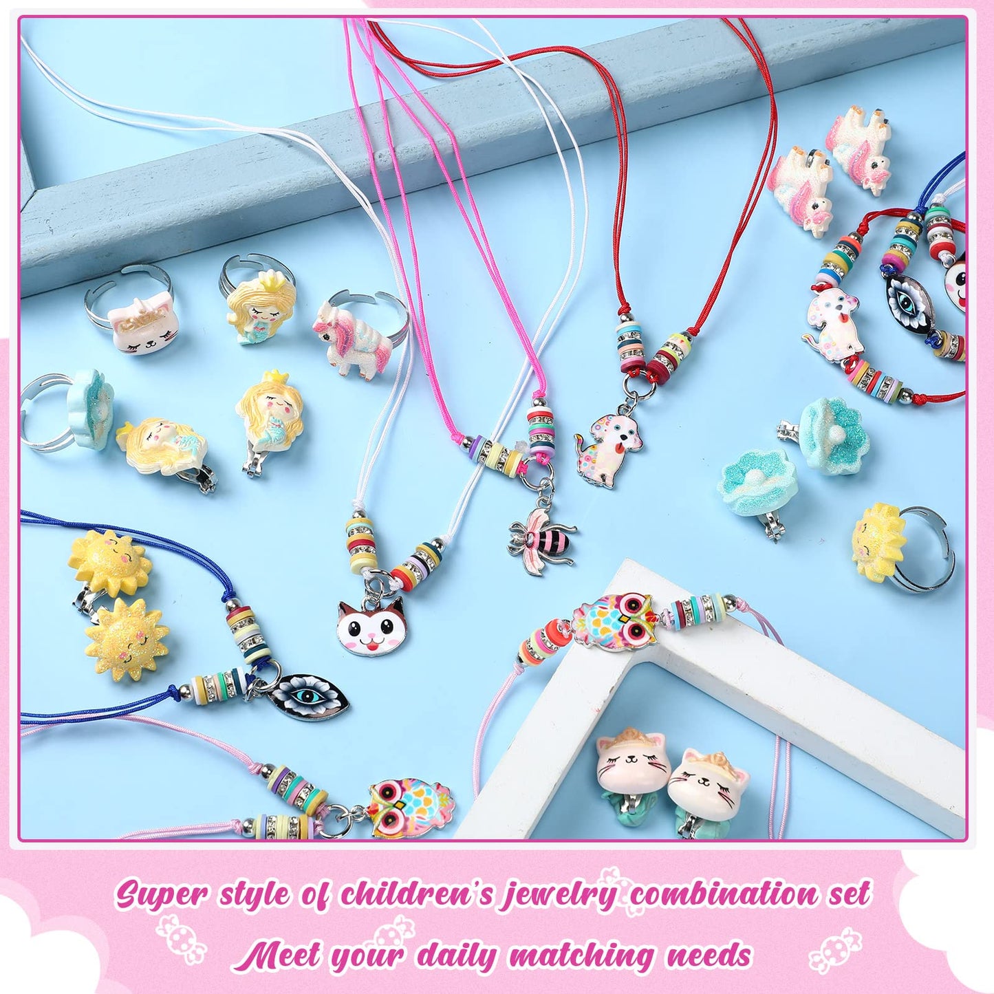 Sherr 70-Piece Kids Jewelry Set: Unicorn & Mermaid Adjustable Bracelets, Necklaces, Rings & Earrings