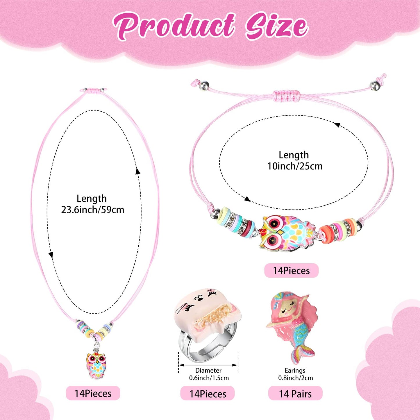 Sherr 70-Piece Kids Jewelry Set: Unicorn & Mermaid Adjustable Bracelets, Necklaces, Rings & Earrings