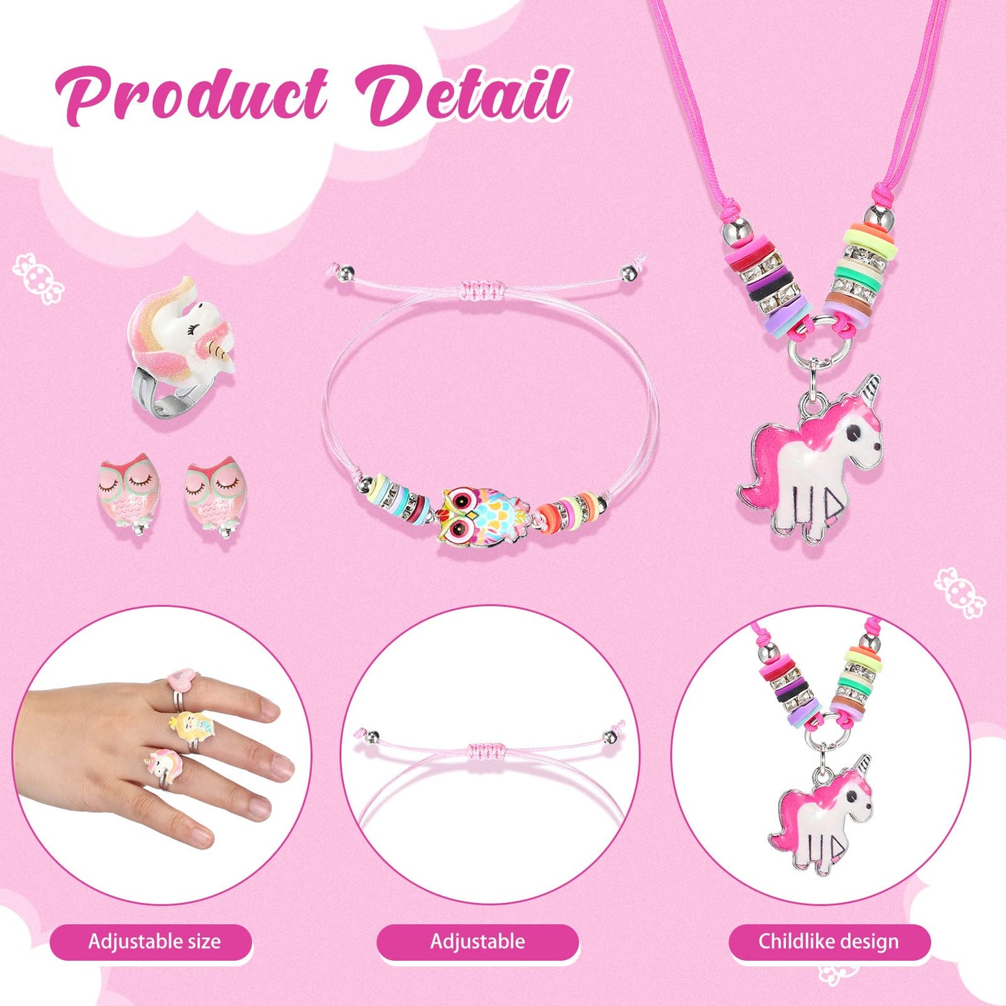 Sherr 70-Piece Kids Jewelry Set: Unicorn & Mermaid Adjustable Bracelets, Necklaces, Rings & Earrings