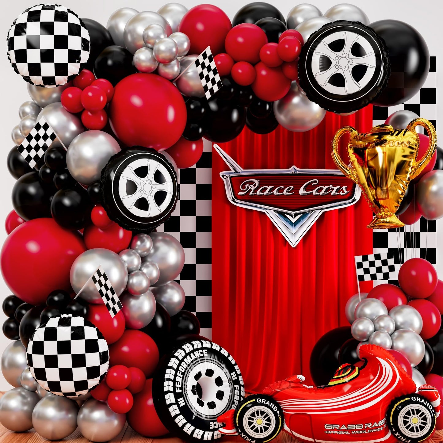 SHERYL DECOR ALL-IN-1 Race Car Balloon Arch Kit with Bonus Trophy & Number 2