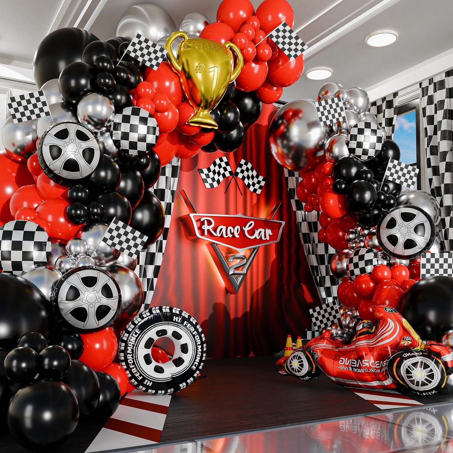 SHERYL DECOR ALL-IN-1 Race Car Balloon Arch Kit with Bonus Trophy & Number 2