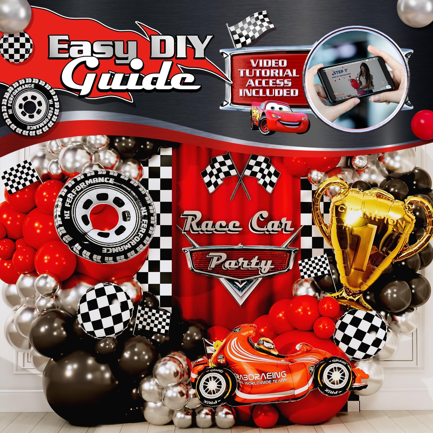 SHERYL DECOR ALL-IN-1 Race Car Balloon Arch Kit with Bonus Trophy & Number 2