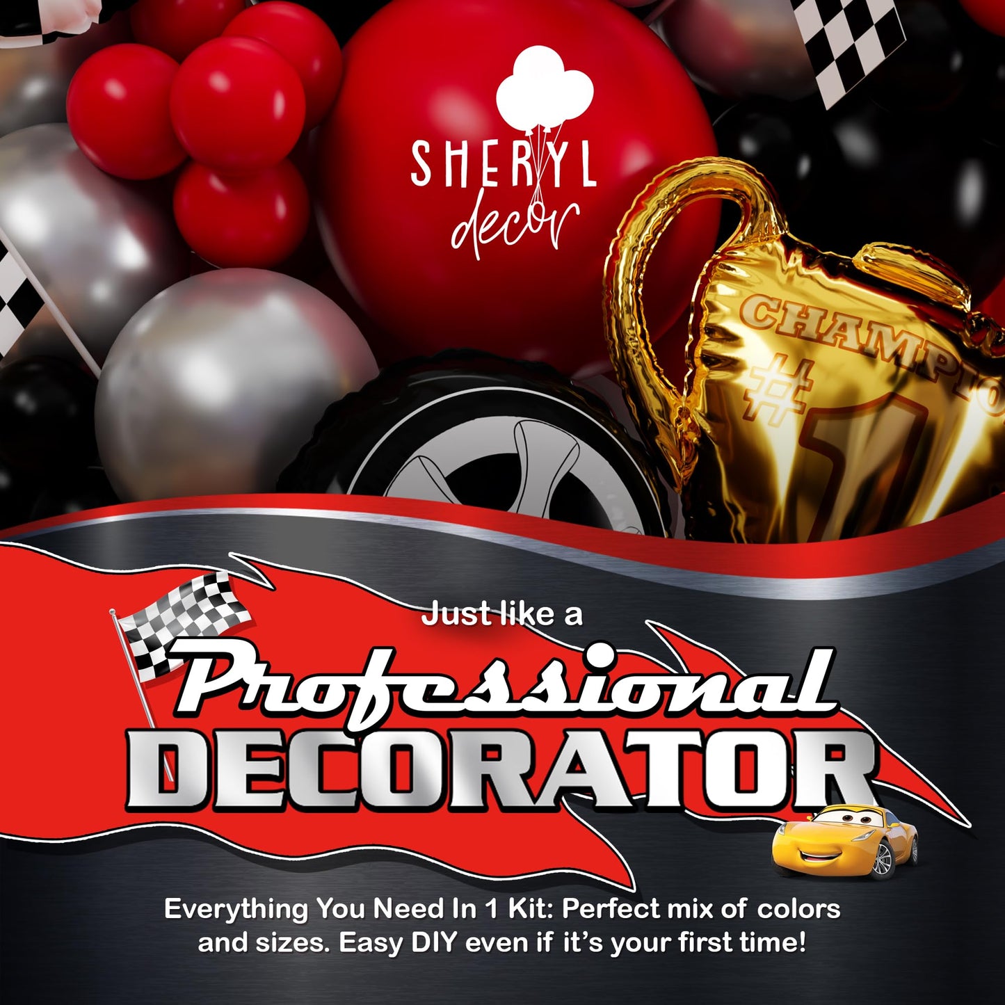 SHERYL DECOR ALL-IN-1 Race Car Balloon Arch Kit with Bonus Trophy & Number 2