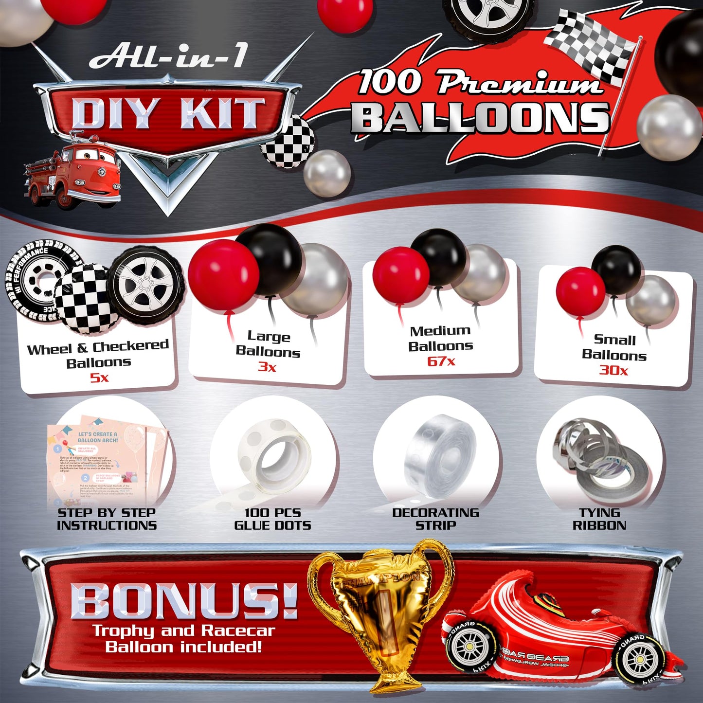 SHERYL DECOR ALL-IN-1 Race Car Balloon Arch Kit with Bonus Trophy & Number 2