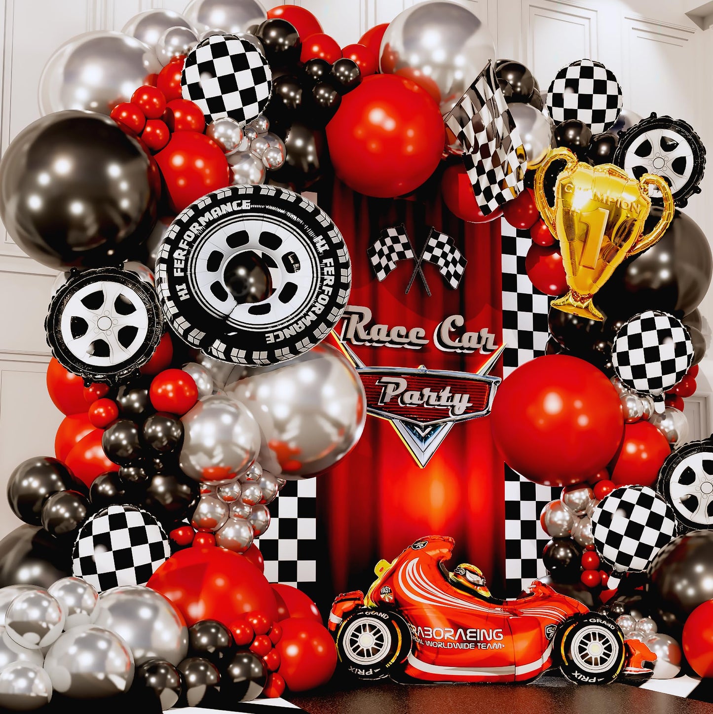 SHERYL DECOR ALL-IN-1 Race Car Balloon Arch Kit with Bonus Trophy & Number 2