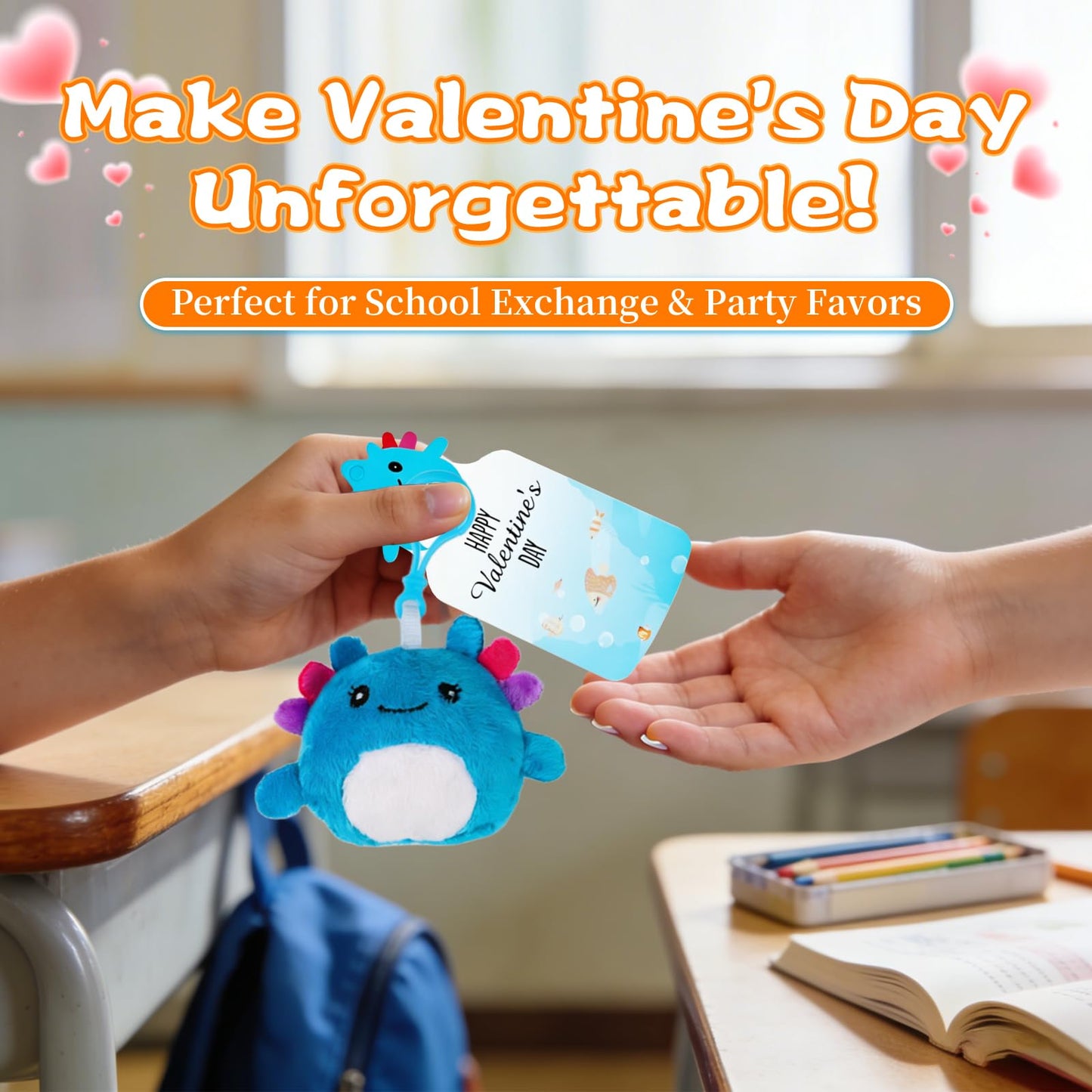 Shestal 24 Axolotl Plush Keychains with Classroom Cards – Candy-Free Valentines for Kids