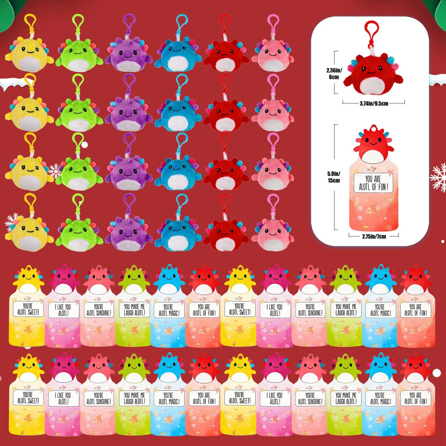Shestal 24 Axolotl Plush Keychains with Classroom Cards – Candy-Free Valentines for Kids