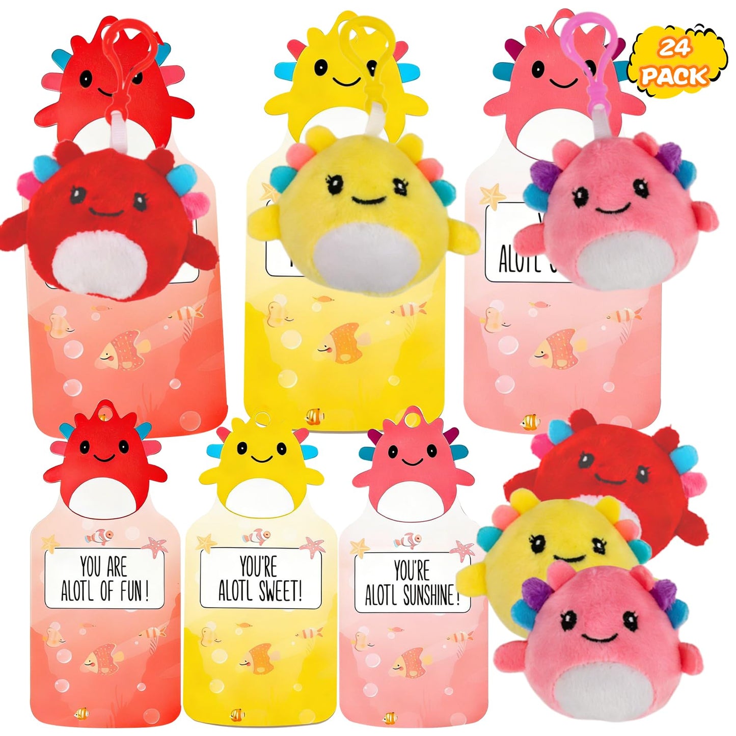 Shestal 24 Axolotl Plush Keychains with Classroom Cards – Candy-Free Valentines for Kids