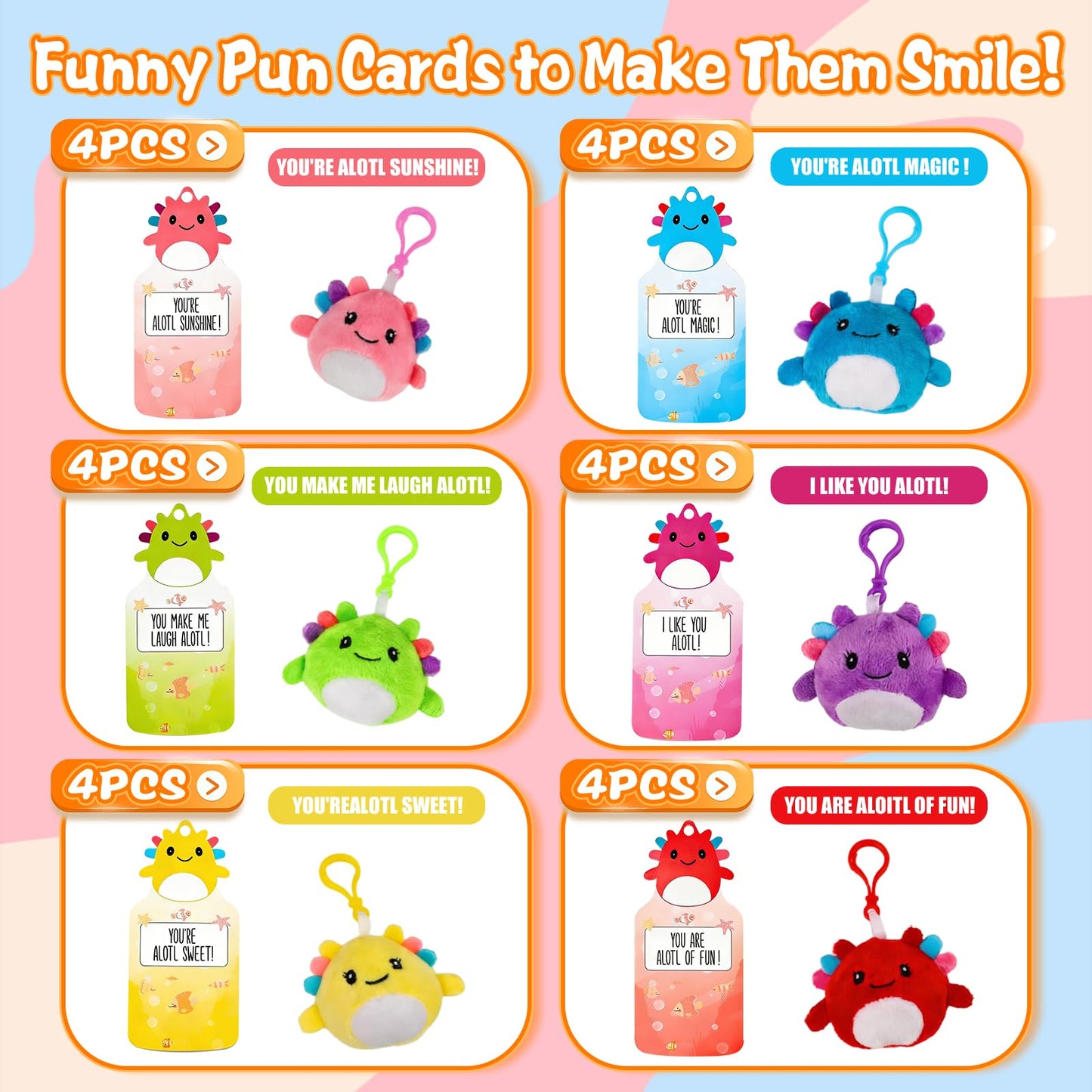 Shestal 24 Axolotl Plush Keychains with Classroom Cards – Candy-Free Valentines for Kids