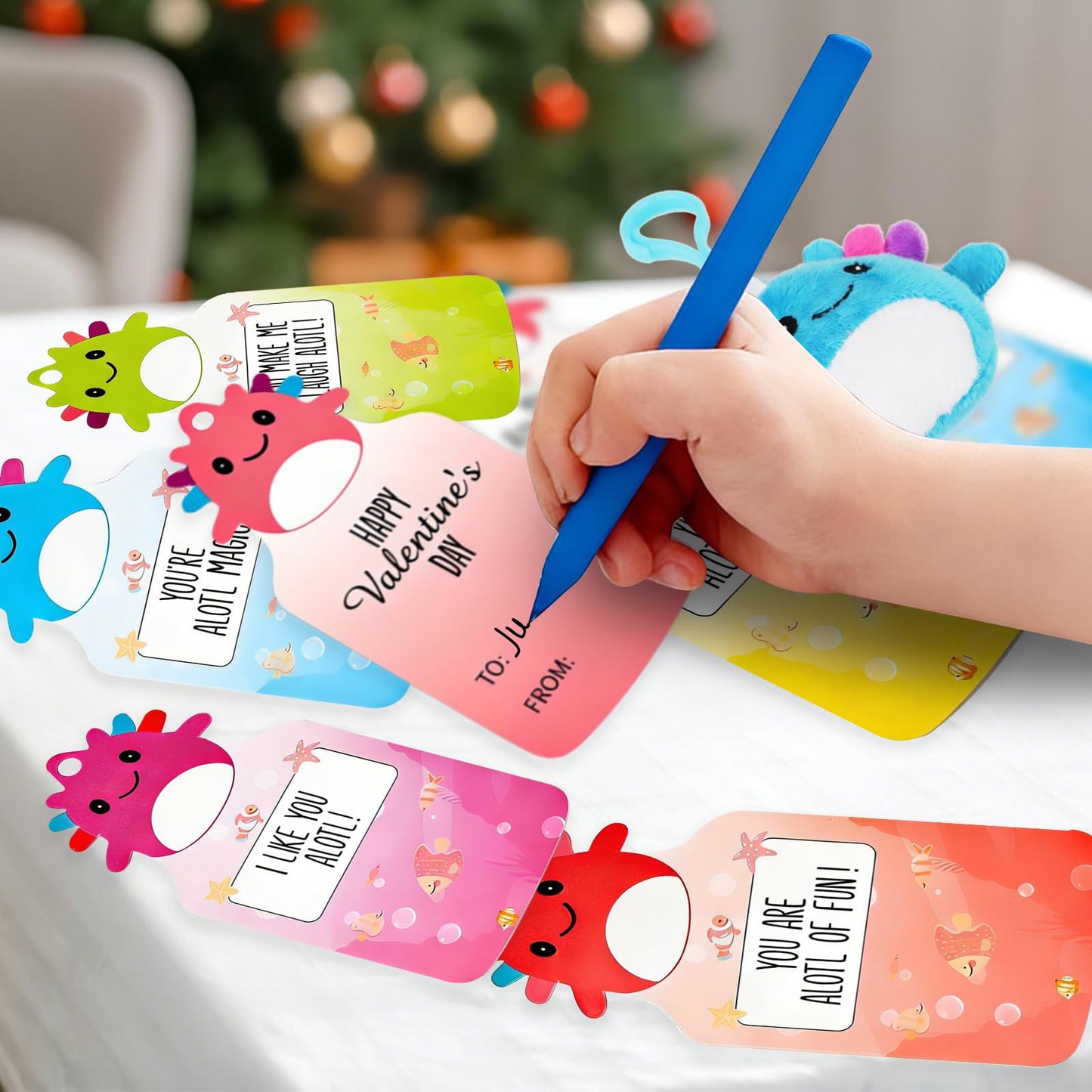 Shestal 24 Axolotl Plush Keychains with Classroom Cards – Candy-Free Valentines for Kids