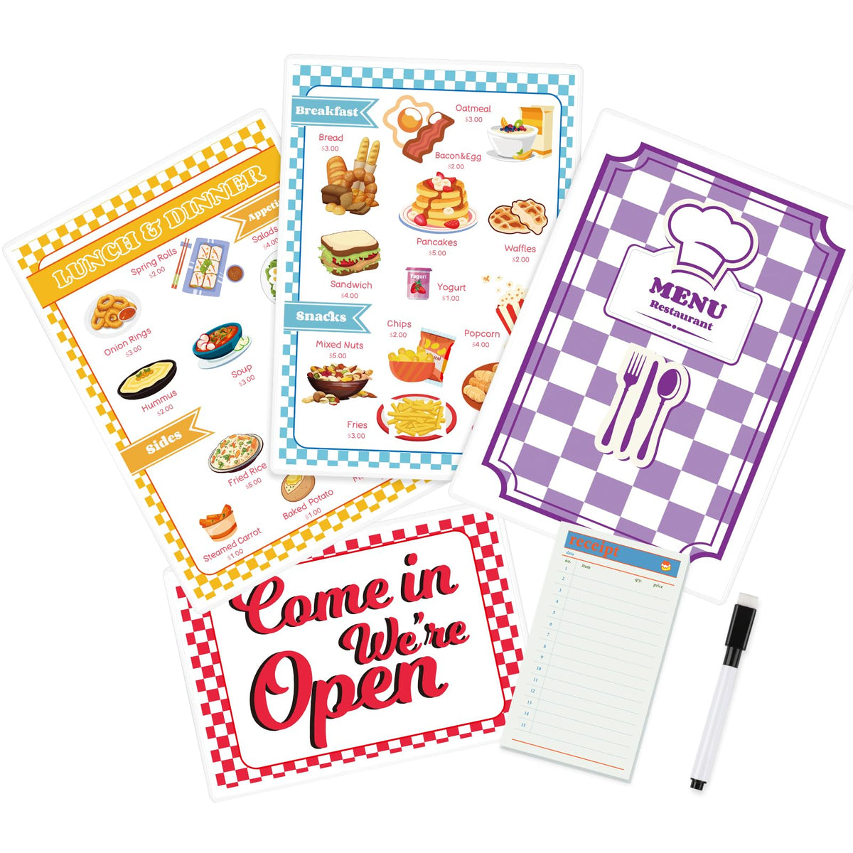 SHIQIKEJIPTY Diner Restaurant Play Set – 2 Double-Sided Menus & Receipt Book