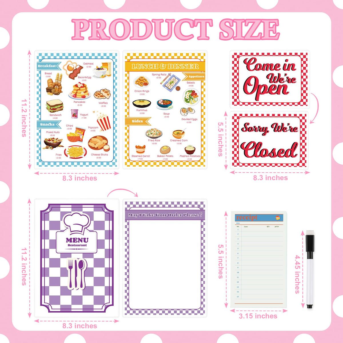 SHIQIKEJIPTY Diner Restaurant Play Set – 2 Double-Sided Menus & Receipt Book