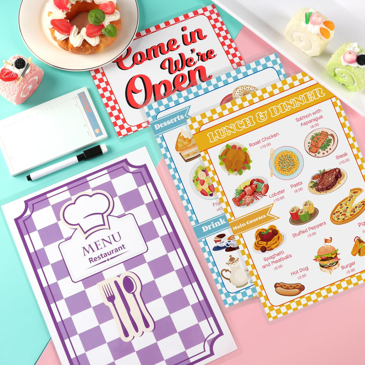 SHIQIKEJIPTY Diner Restaurant Play Set – 2 Double-Sided Menus & Receipt Book