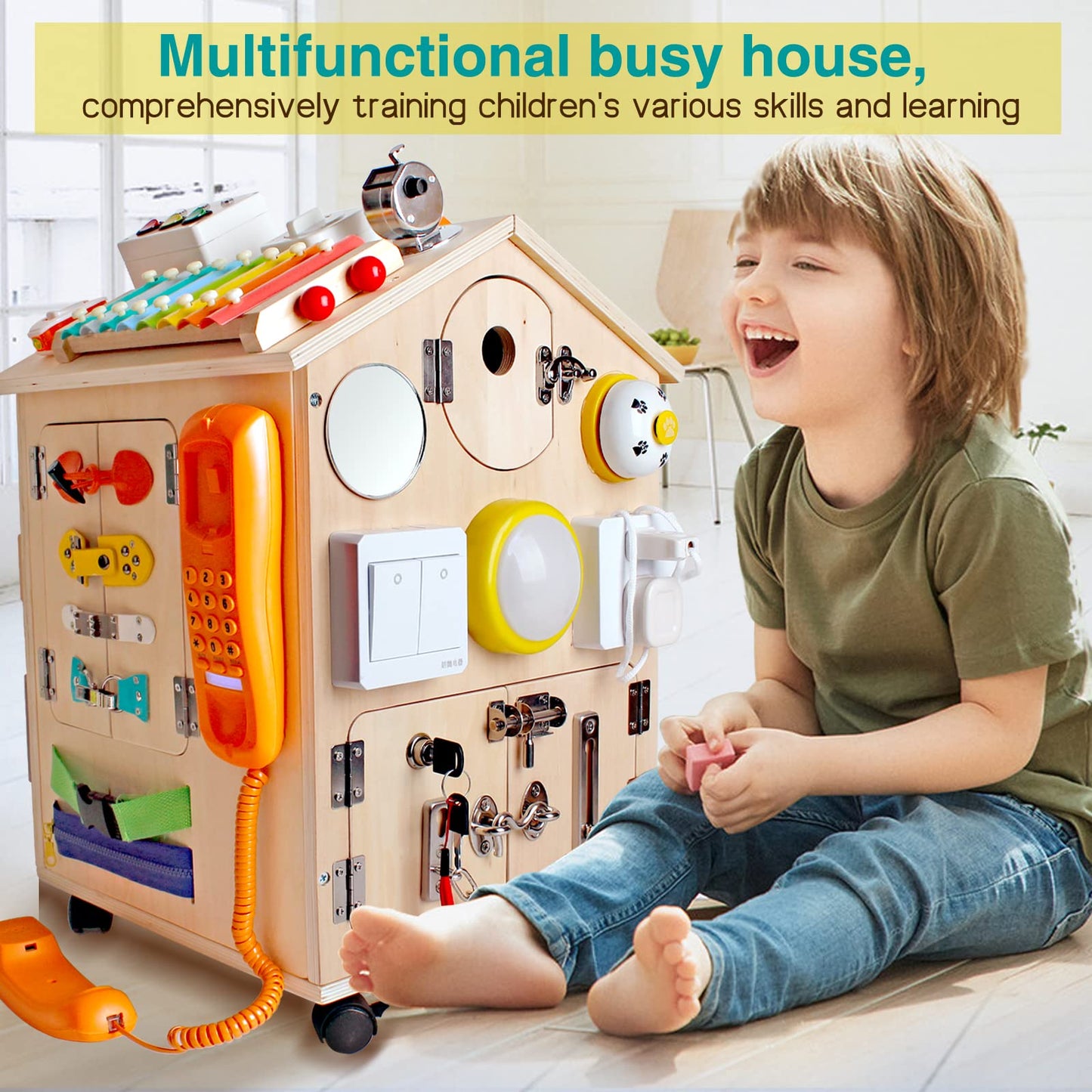 SHIERDU Montessori Wooden Busy House – Life Skills & Fine Motor Training Toy for Kids