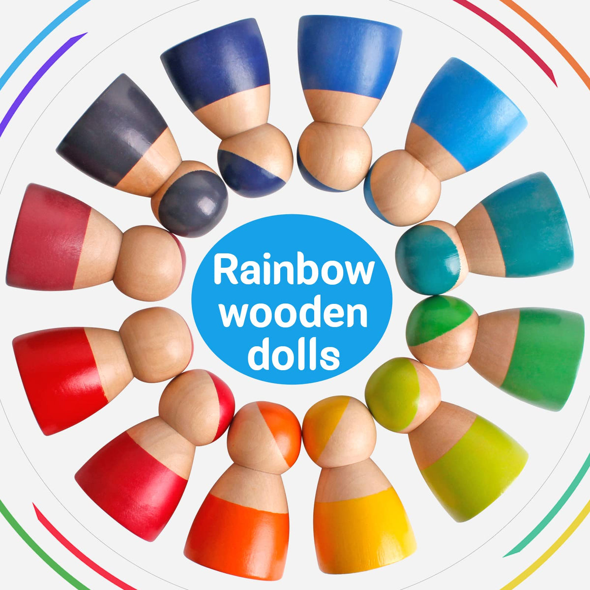 SHIERDU Rainbow Wood Peg Dolls – 12 PCS Wooden Figures for Toddlers & Preschool Learning