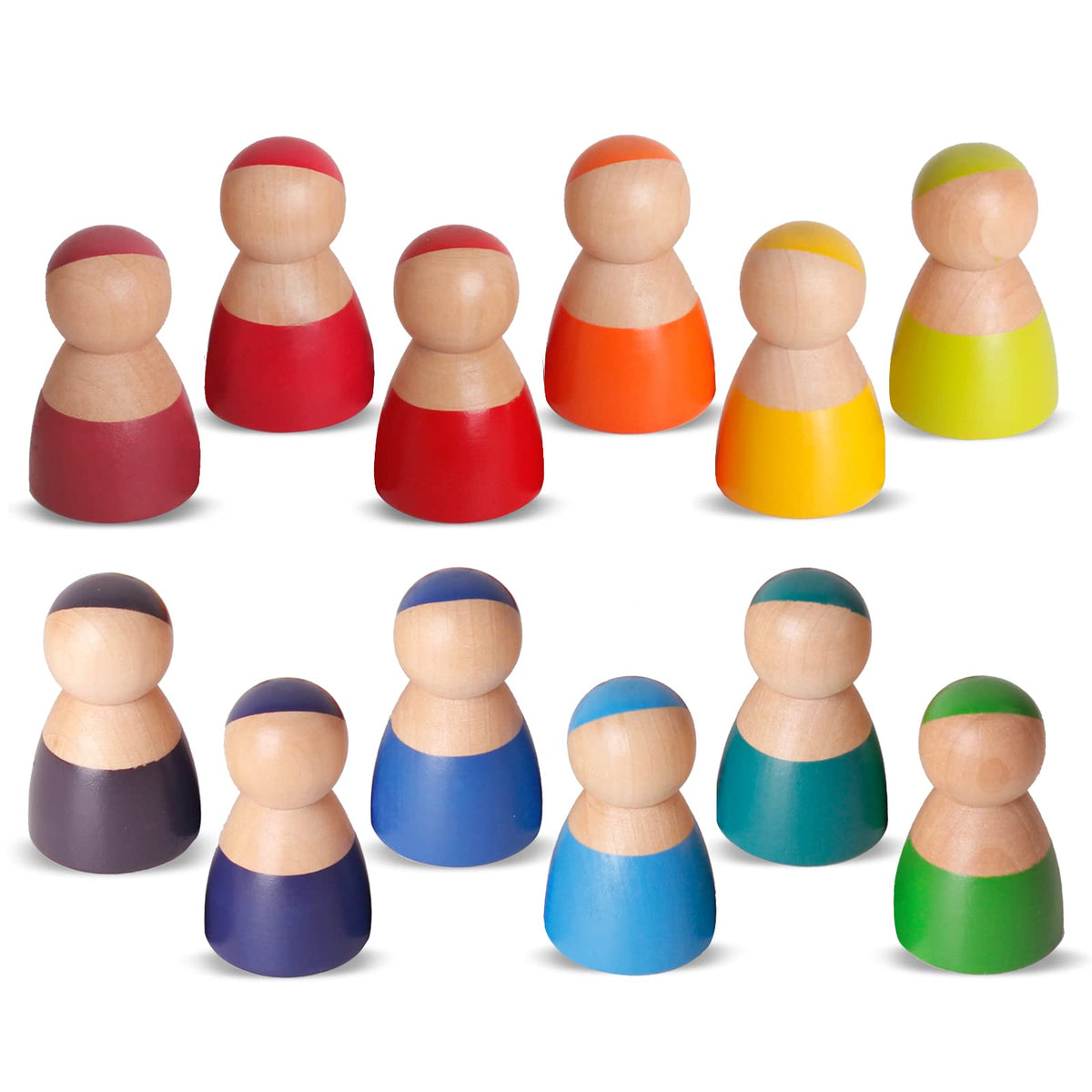 SHIERDU Rainbow Wood Peg Dolls – 12 PCS Wooden Figures for Toddlers & Preschool Learning