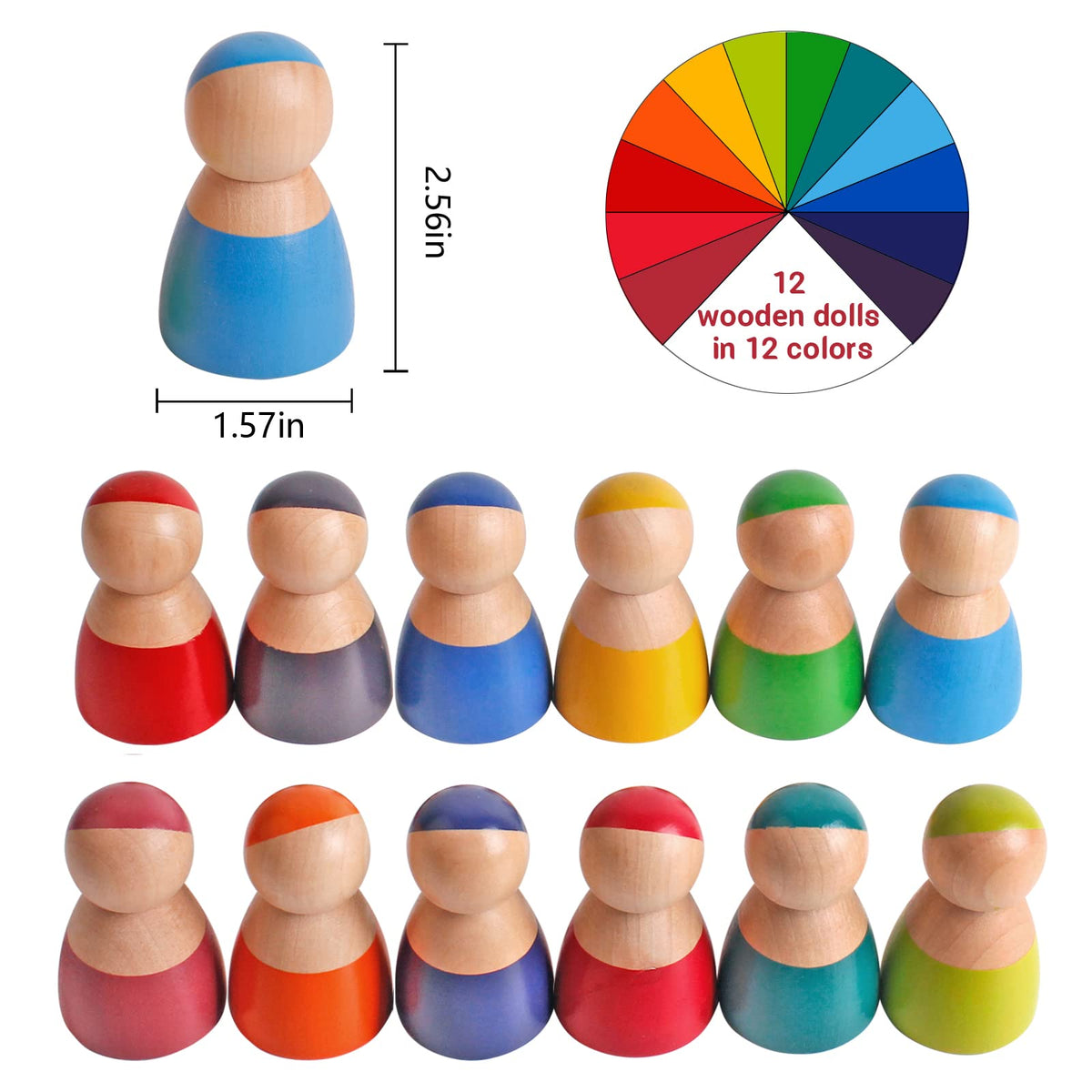 SHIERDU Rainbow Wood Peg Dolls – 12 PCS Wooden Figures for Toddlers & Preschool Learning