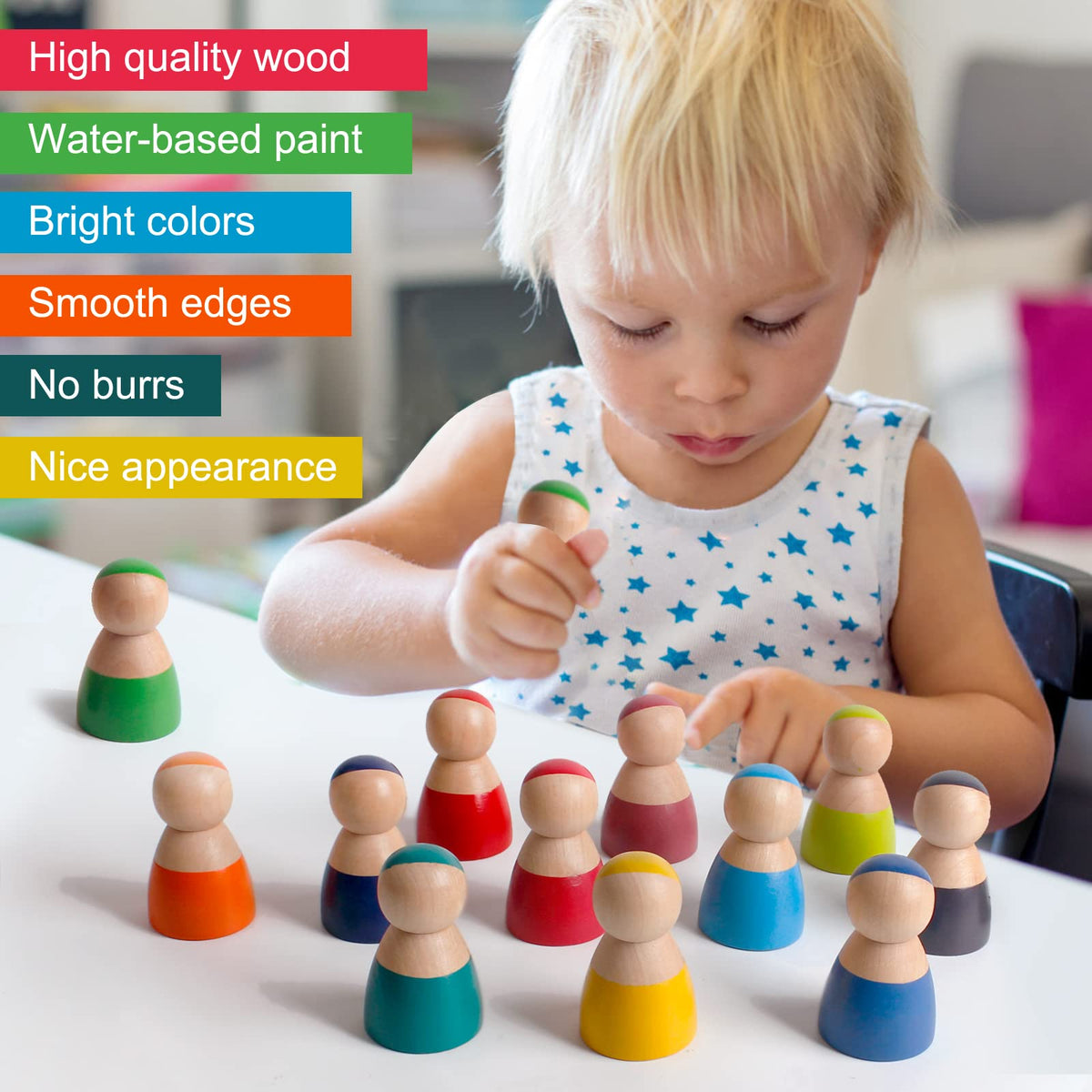 SHIERDU Rainbow Wood Peg Dolls – 12 PCS Wooden Figures for Toddlers & Preschool Learning
