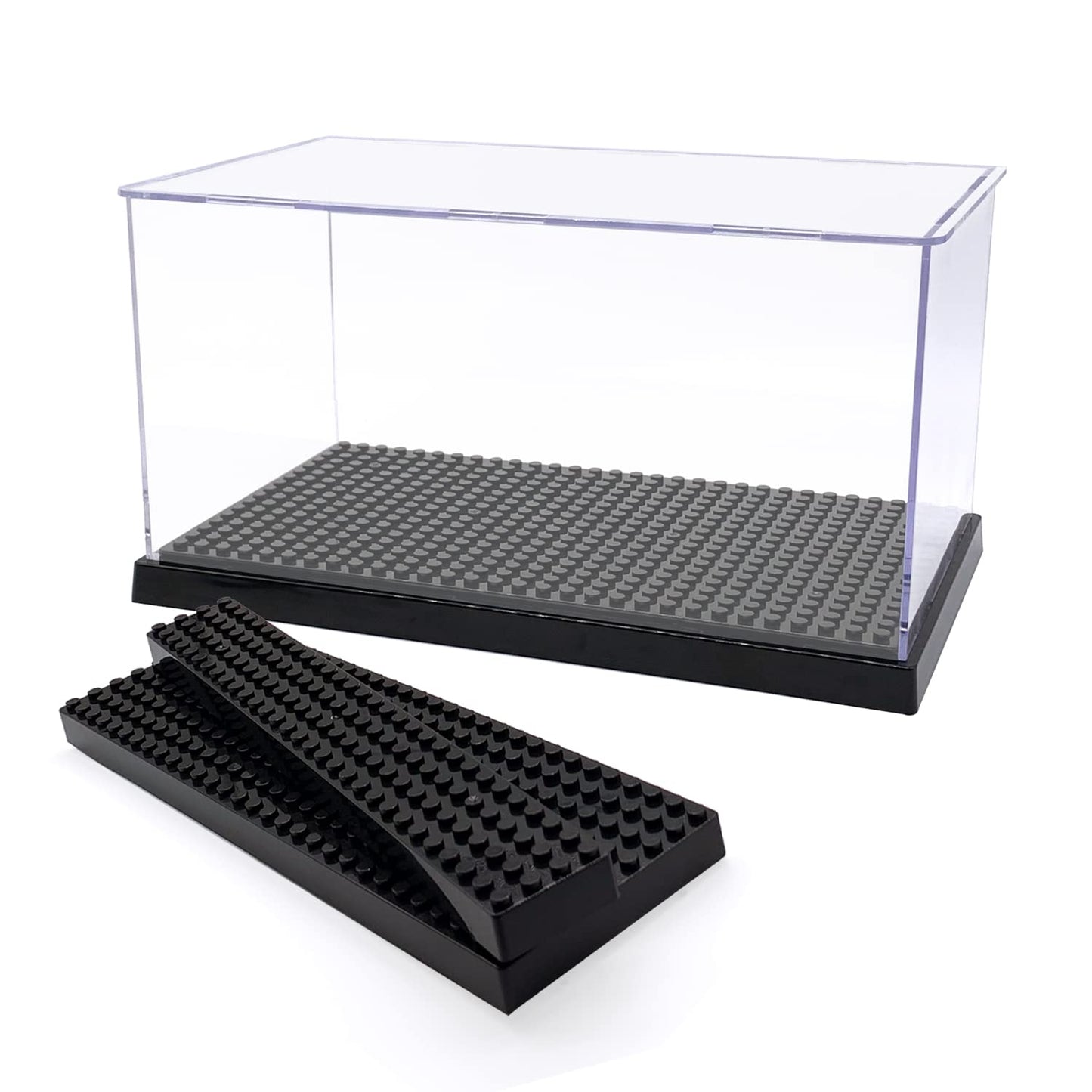 SHIYIJIA Acrylic Display Case for Figures – Dustproof 360° Display with Building Base (Black)