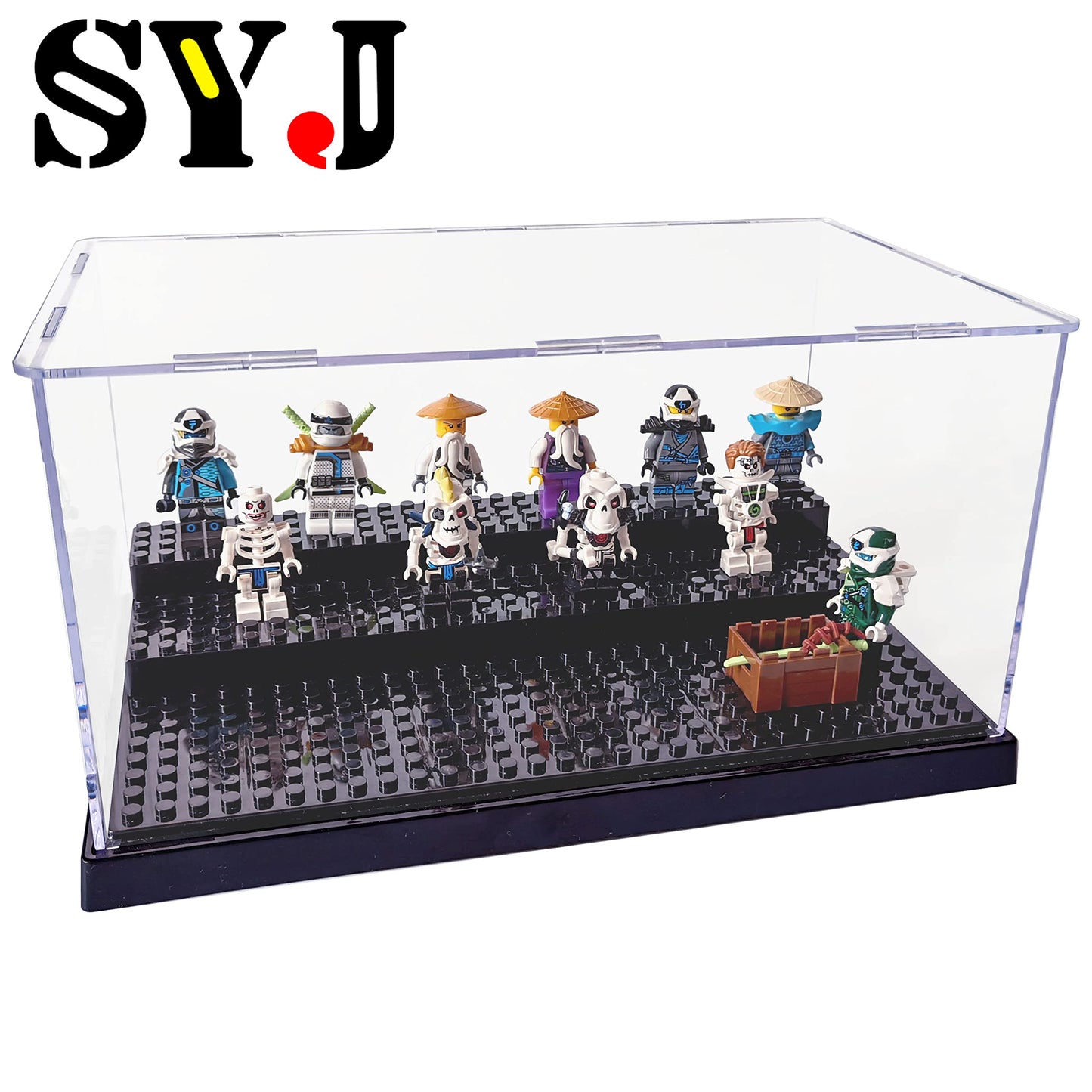 SHIYIJIA Acrylic Display Case for Figures – Dustproof 360° Display with Building Base (Black)
