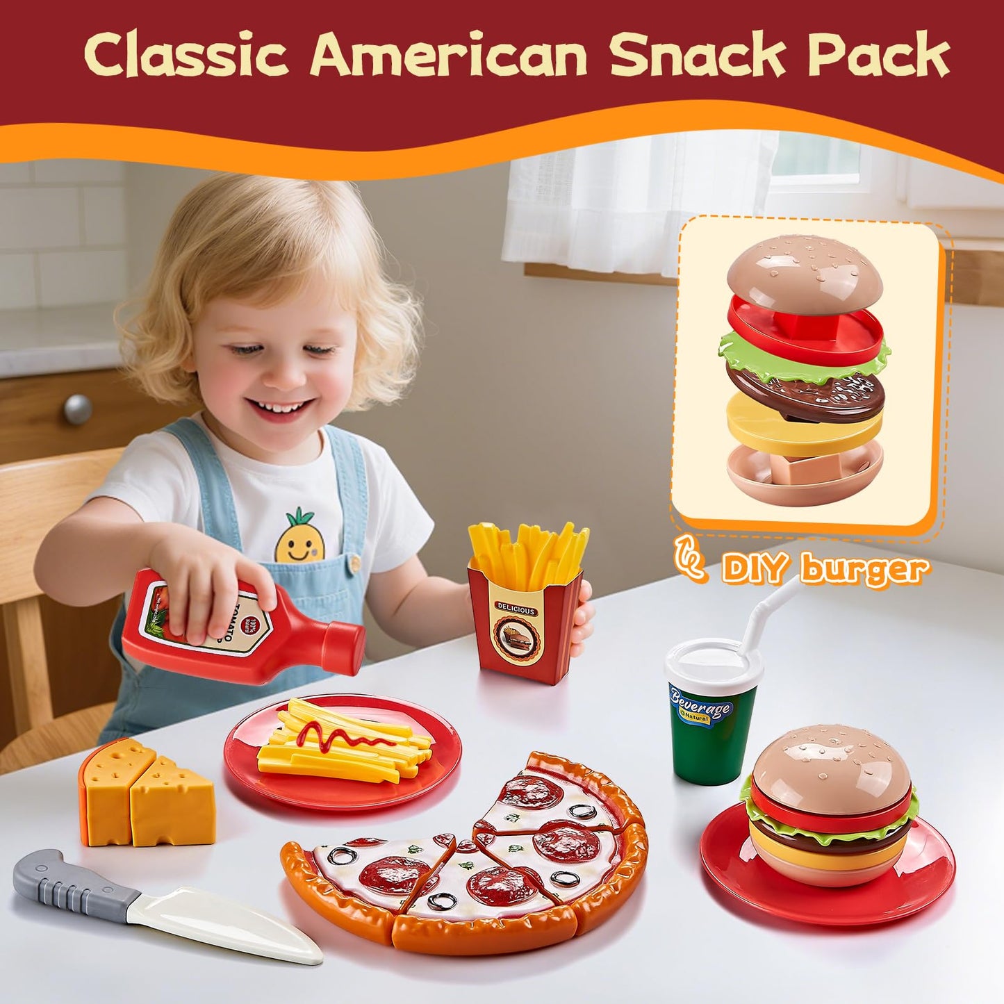 Shimfun Play Food Sets for Kids Kitchen - Global Cuisine Toddler Pretend Food with 2 Baskets