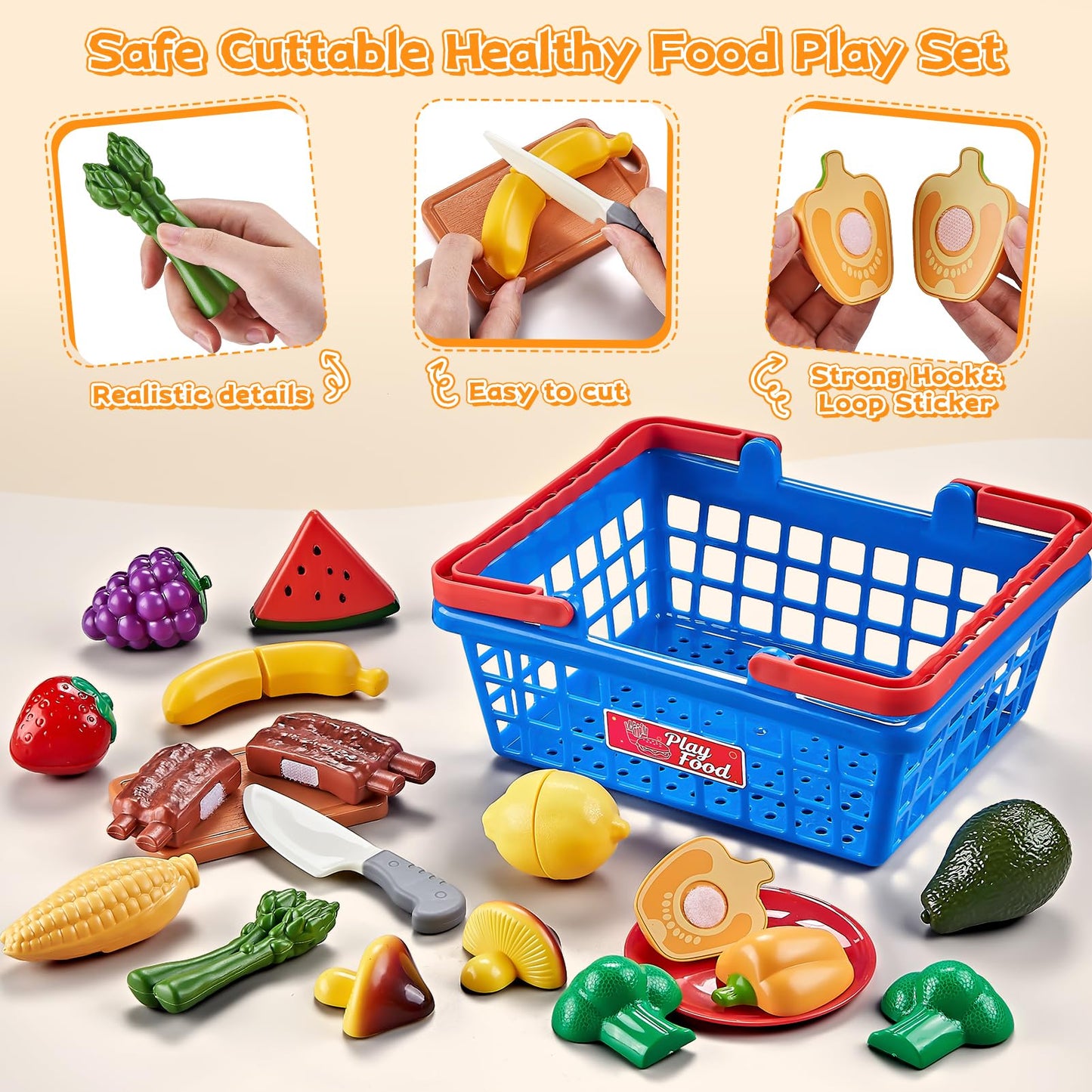 Shimfun Play Food Sets for Kids Kitchen - Global Cuisine Toddler Pretend Food with 2 Baskets